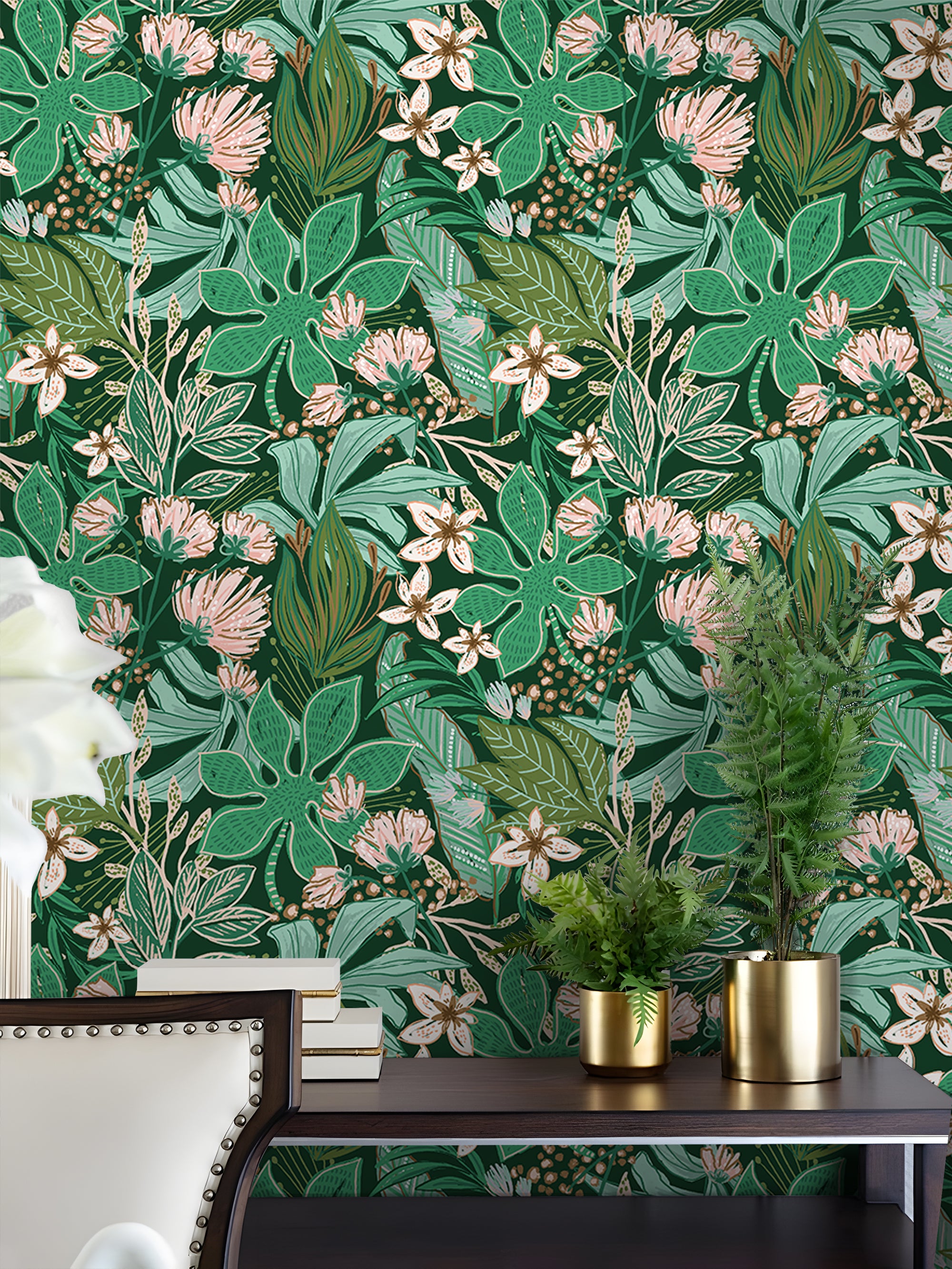HaokHome Dark Green Floral Wallpaper – Lush Green Leaves and Soft Pink Flowers for Living Room & Bedroom