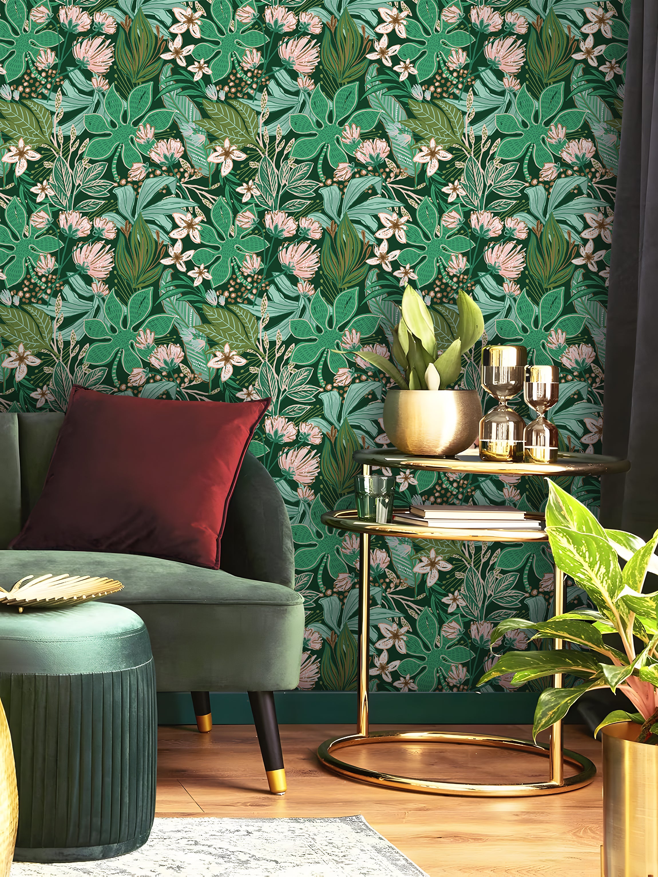 HaokHome Dark Green Floral Wallpaper – Lush Green Leaves and Soft Pink Flowers for Living Room & Bedroom