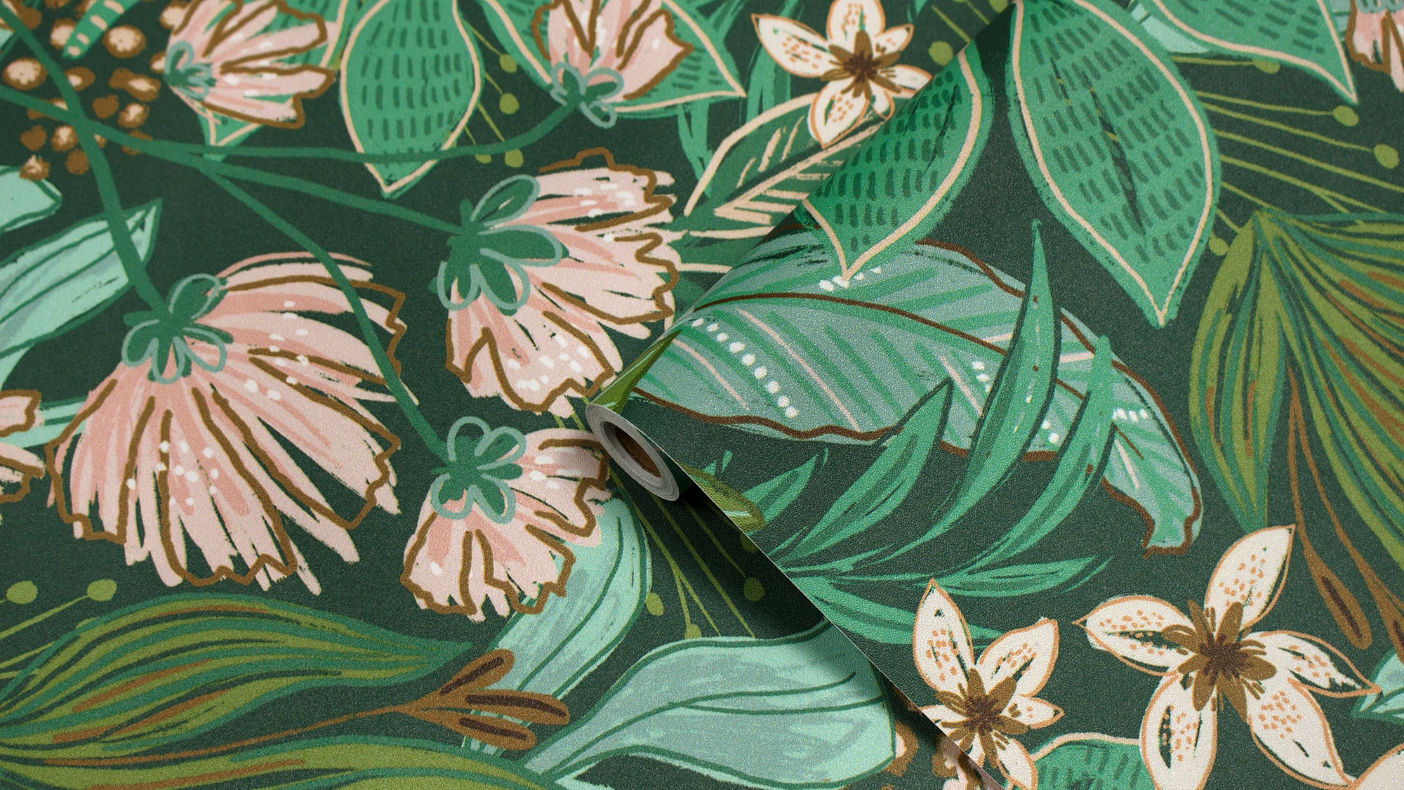 HaokHome Dark Green Floral Wallpaper – Lush Green Leaves and Soft Pink Flowers for Living Room & Bedroom