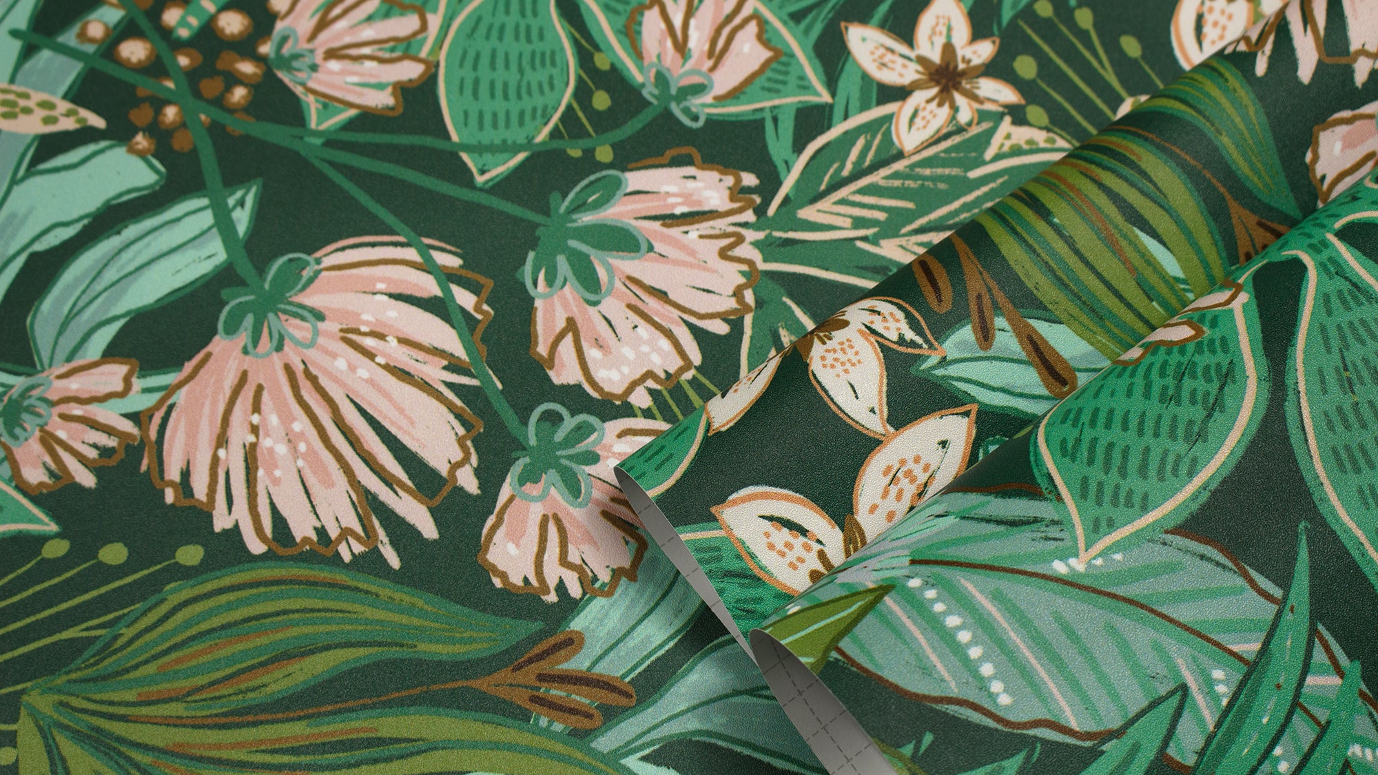 HaokHome Dark Green Floral Wallpaper – Lush Green Leaves and Soft Pink Flowers for Living Room & Bedroom