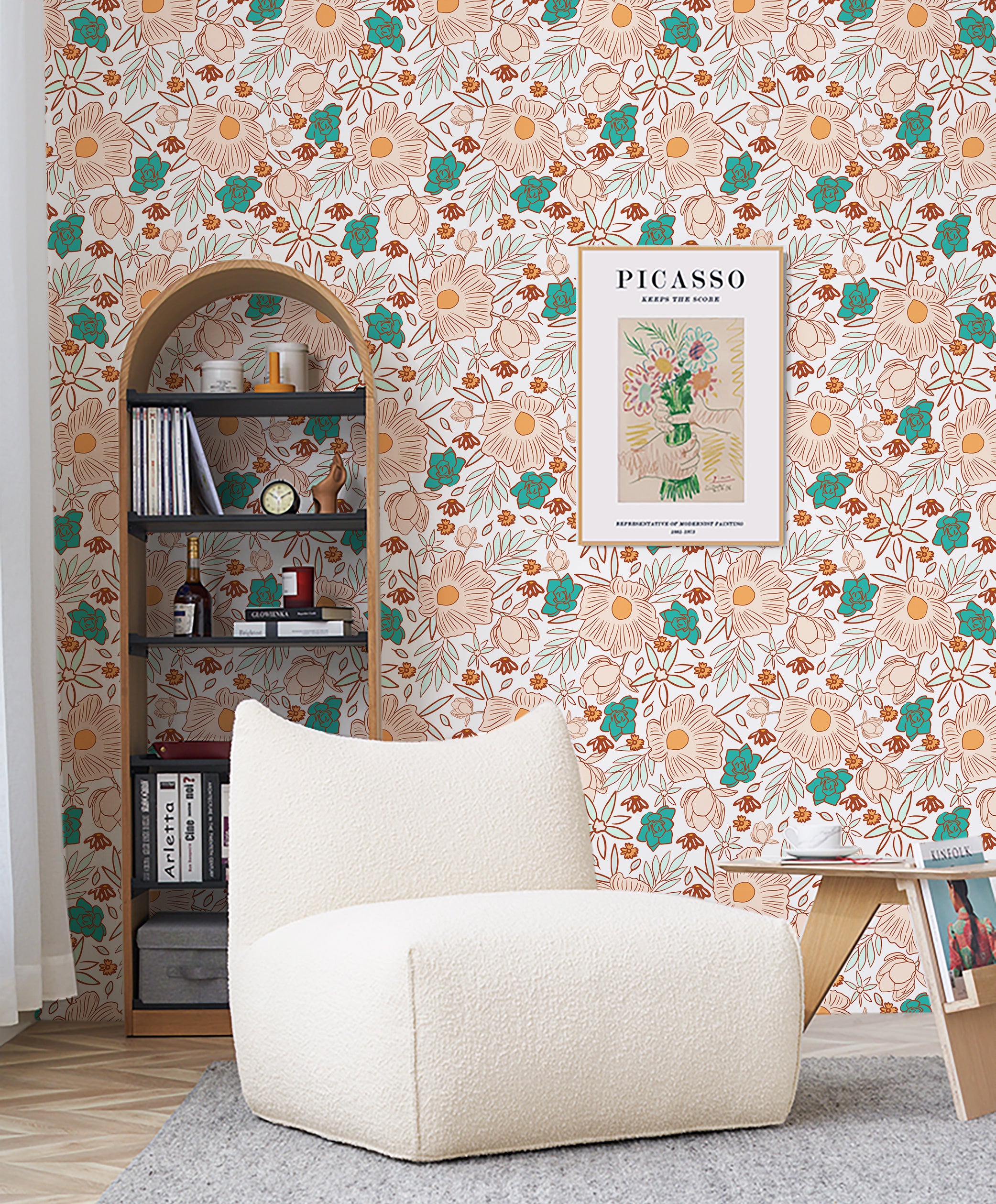 HaokHome Earthy and Aqua Tones Playful Floral Line Art Wallpaper