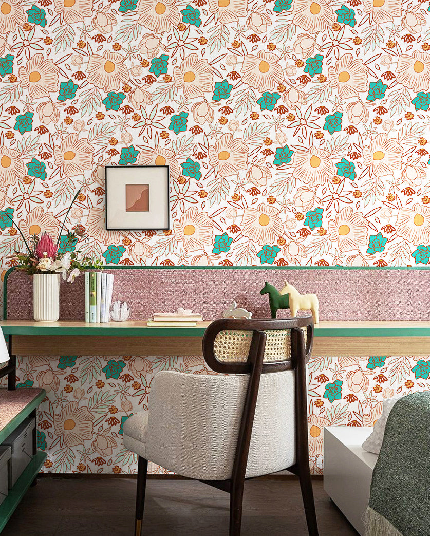 HaokHome Earthy and Aqua Tones Playful Floral Line Art Wallpaper