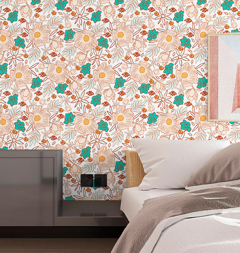 HaokHome Earthy and Aqua Tones Playful Floral Line Art Wallpaper