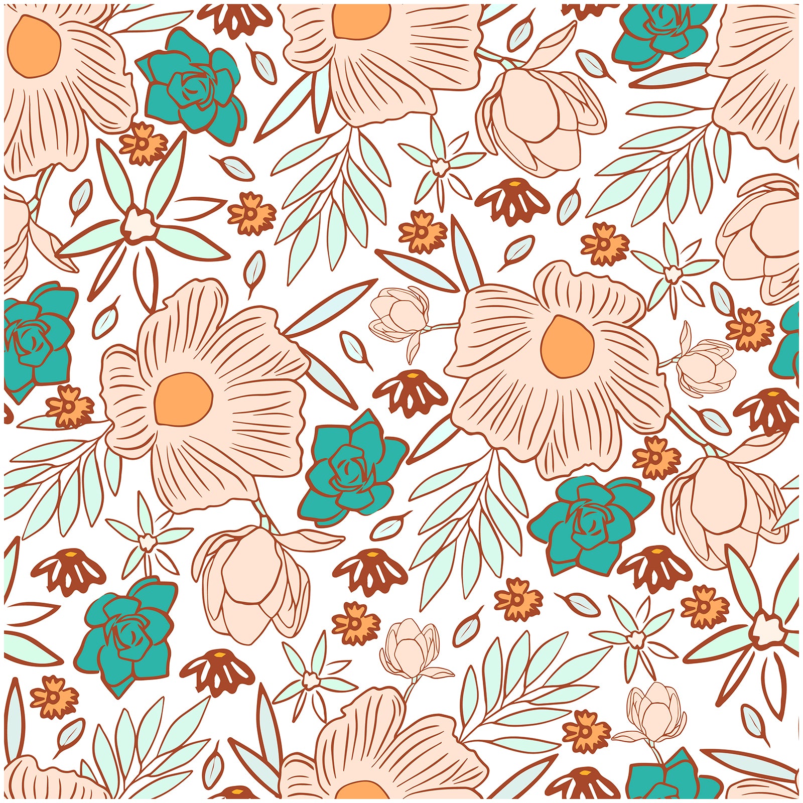 HaokHome Earthy and Aqua Tones Playful Floral Line Art Wallpaper
