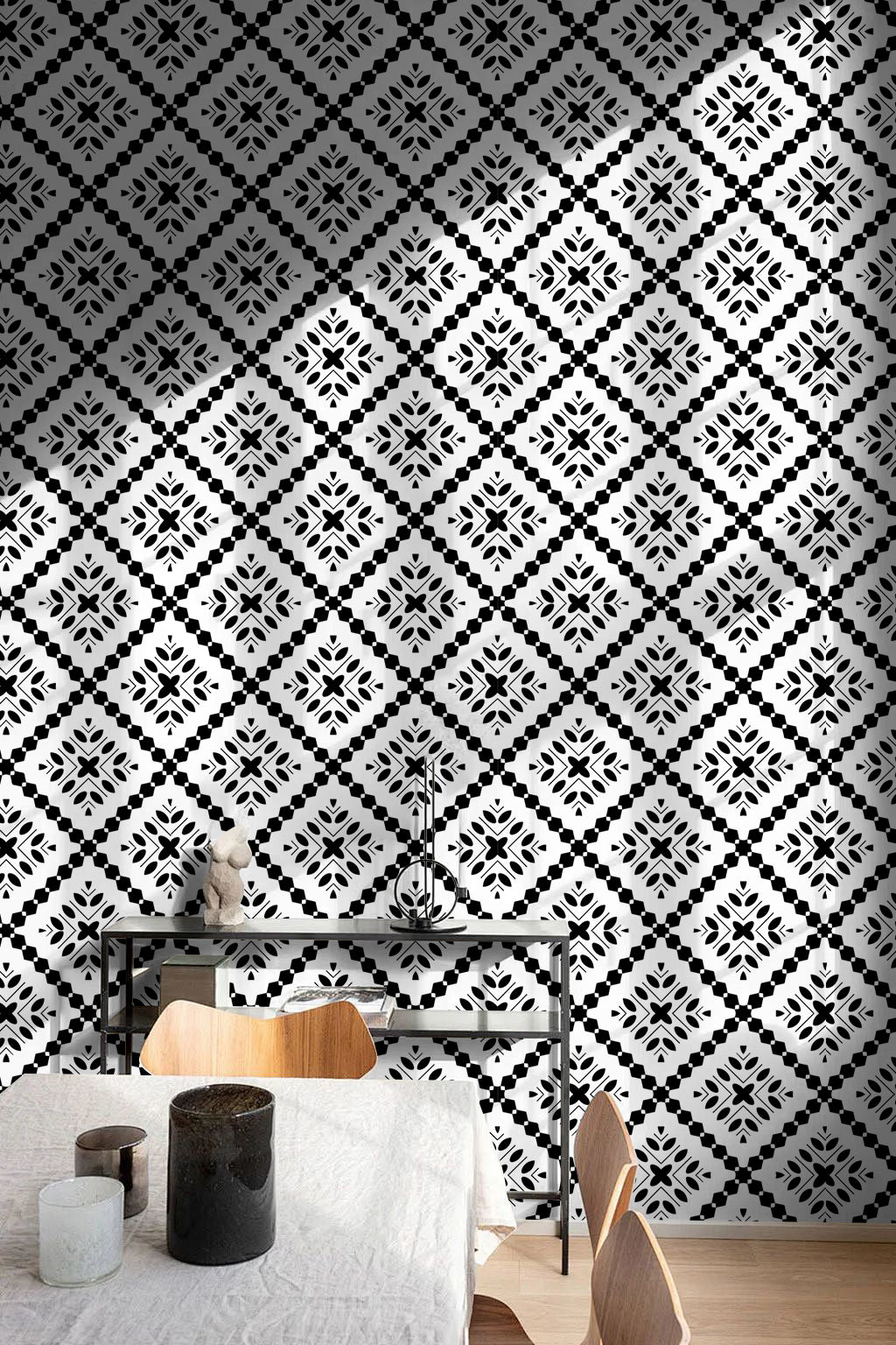 HaokHome Elegant Black and White Diamond Pattern Wallpaper Modern Geometric Design with Chic Detailing