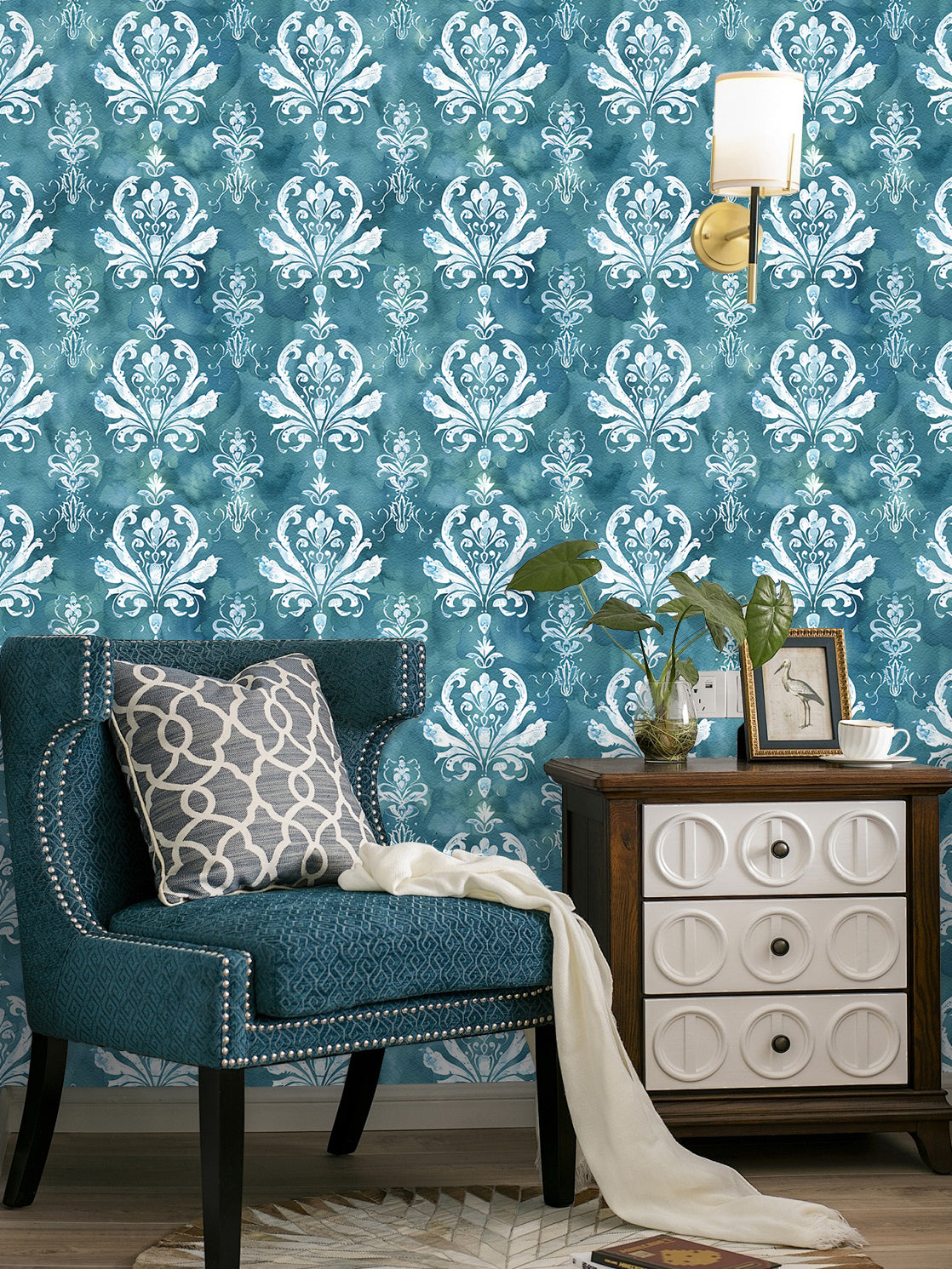 HaokHome Elegant Damask Wallpaper – Watercolor Blue & White Floral Design for Sophisticated Living Room & Bedroom
