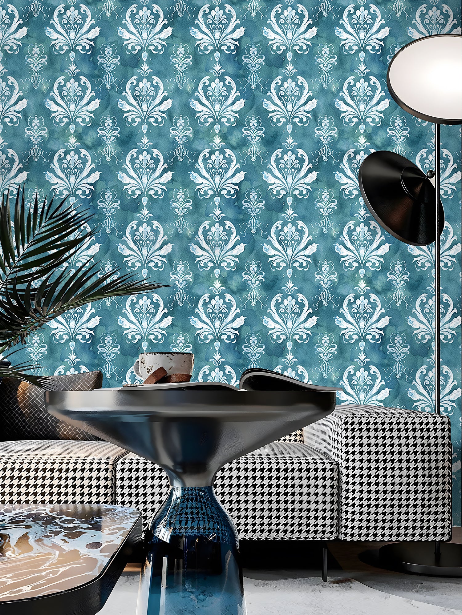 HaokHome Elegant Damask Wallpaper – Watercolor Blue & White Floral Design for Sophisticated Living Room & Bedroom