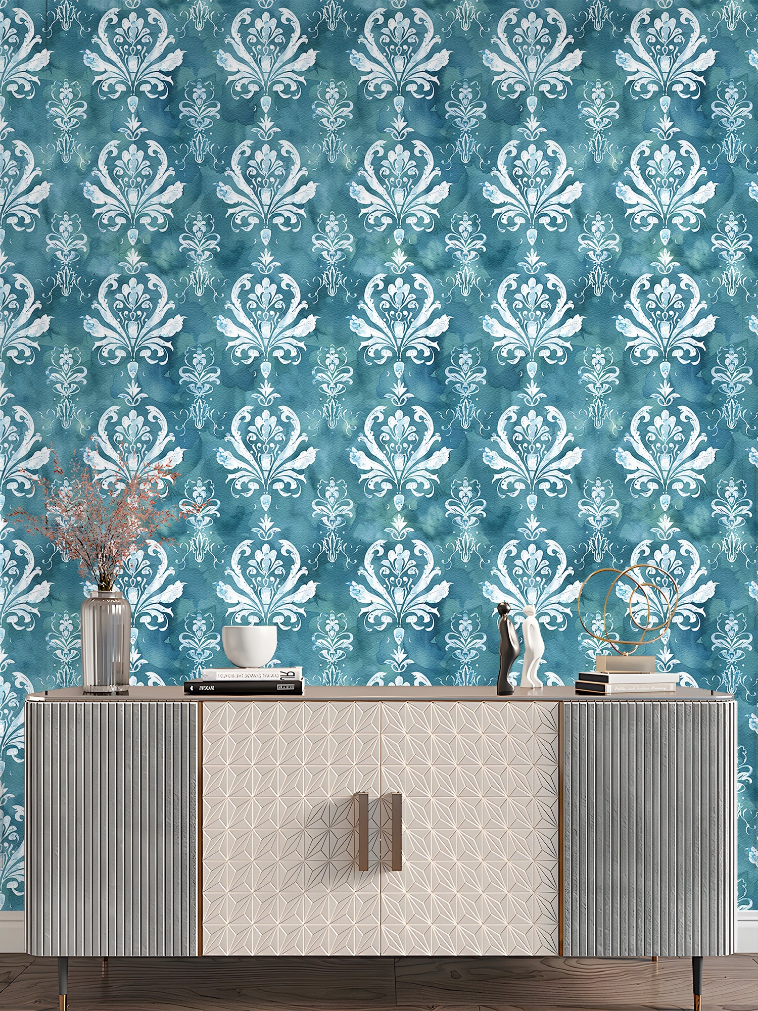 HaokHome Elegant Damask Wallpaper – Watercolor Blue & White Floral Design for Sophisticated Living Room & Bedroom