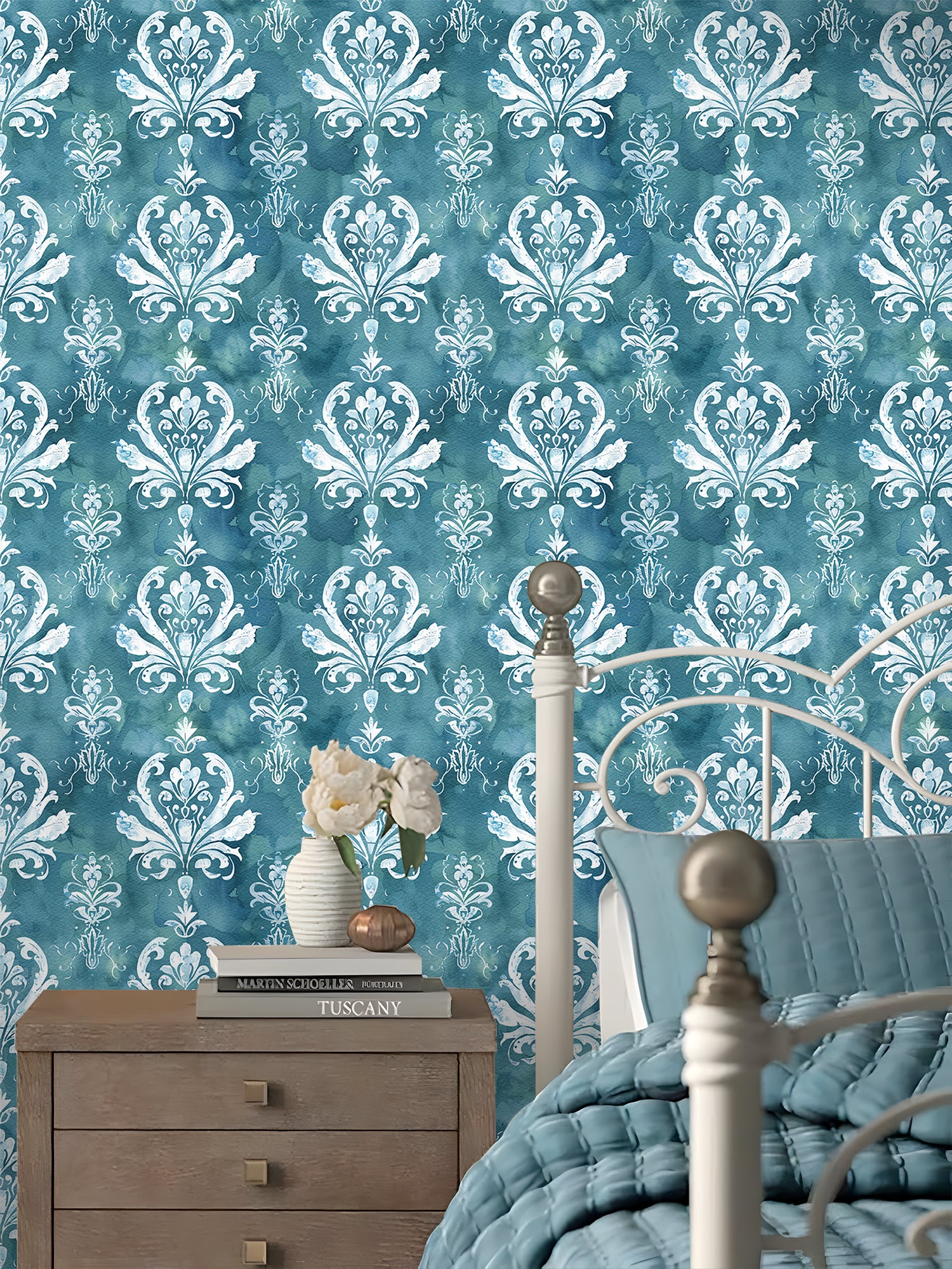 HaokHome Elegant Damask Wallpaper – Watercolor Blue & White Floral Design for Sophisticated Living Room & Bedroom