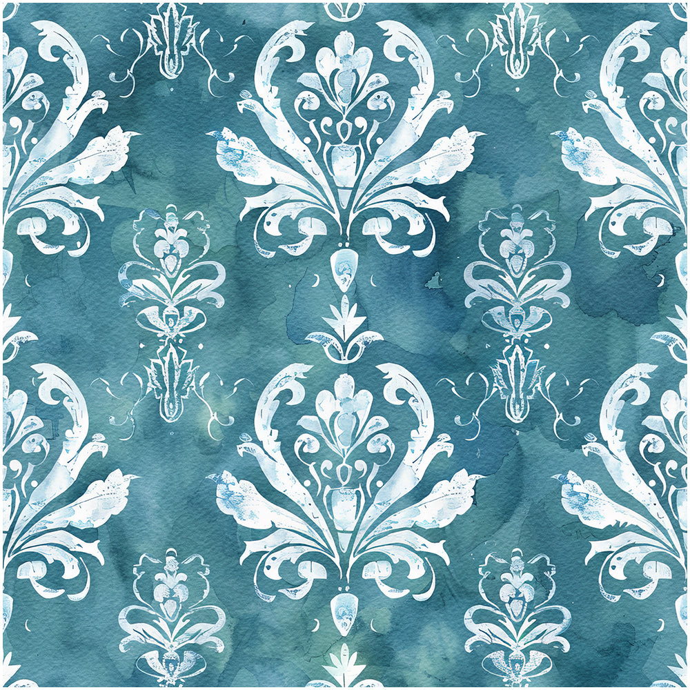 HaokHome Elegant Damask Wallpaper – Watercolor Blue & White Floral Design for Sophisticated Living Room & Bedroom
