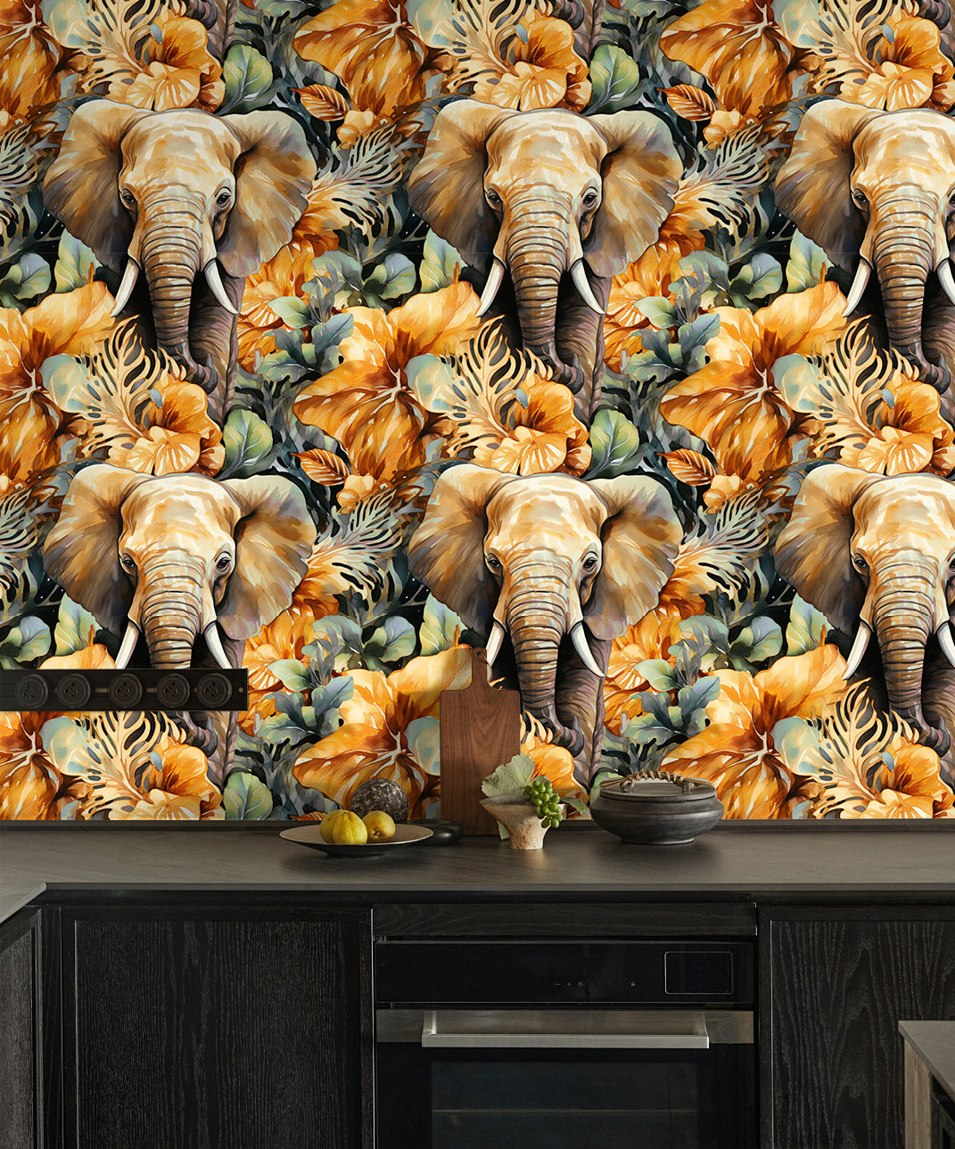 HaokHome Elegant Elephant and Tropical Floral Wallpaper Warm Earth Tones with a Bold Animal Design
