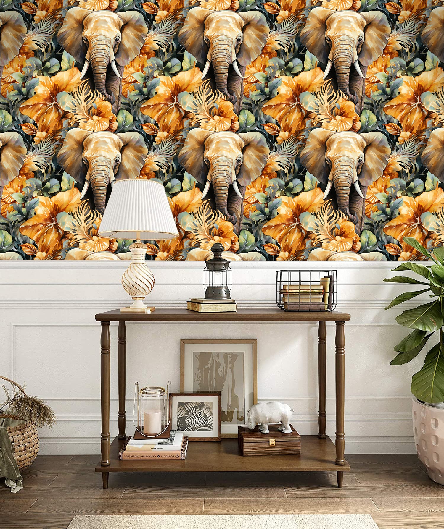 HaokHome Elegant Elephant and Tropical Floral Wallpaper Warm Earth Tones with a Bold Animal Design