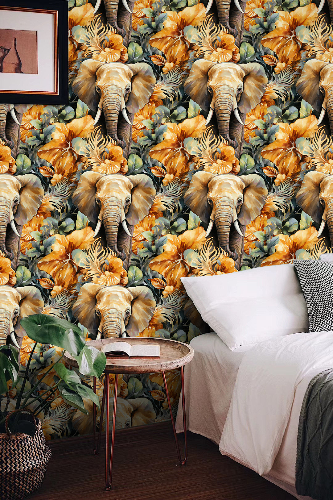 HaokHome Elegant Elephant and Tropical Floral Wallpaper Warm Earth Tones with a Bold Animal Design