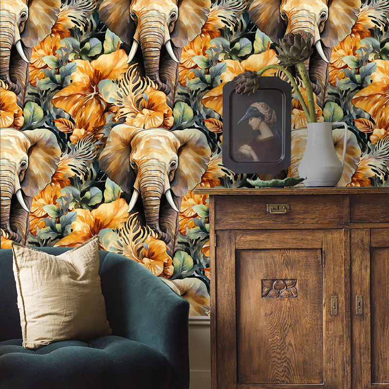 HaokHome Elegant Elephant and Tropical Floral Wallpaper Warm Earth Tones with a Bold Animal Design