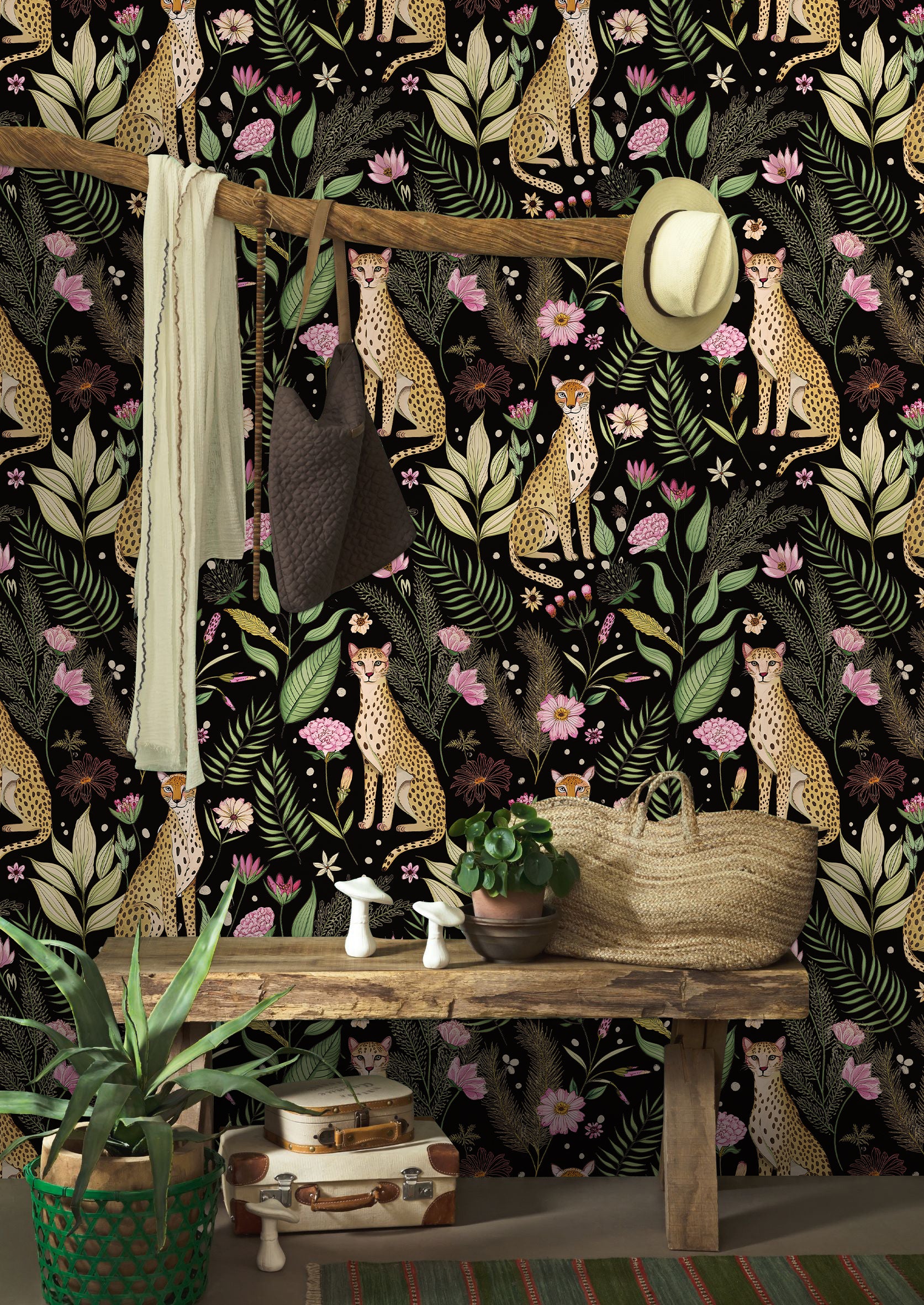 HaokHome Elegant Leopard and Floral Wallpaper Black Background with Vibrant Botanical Design
