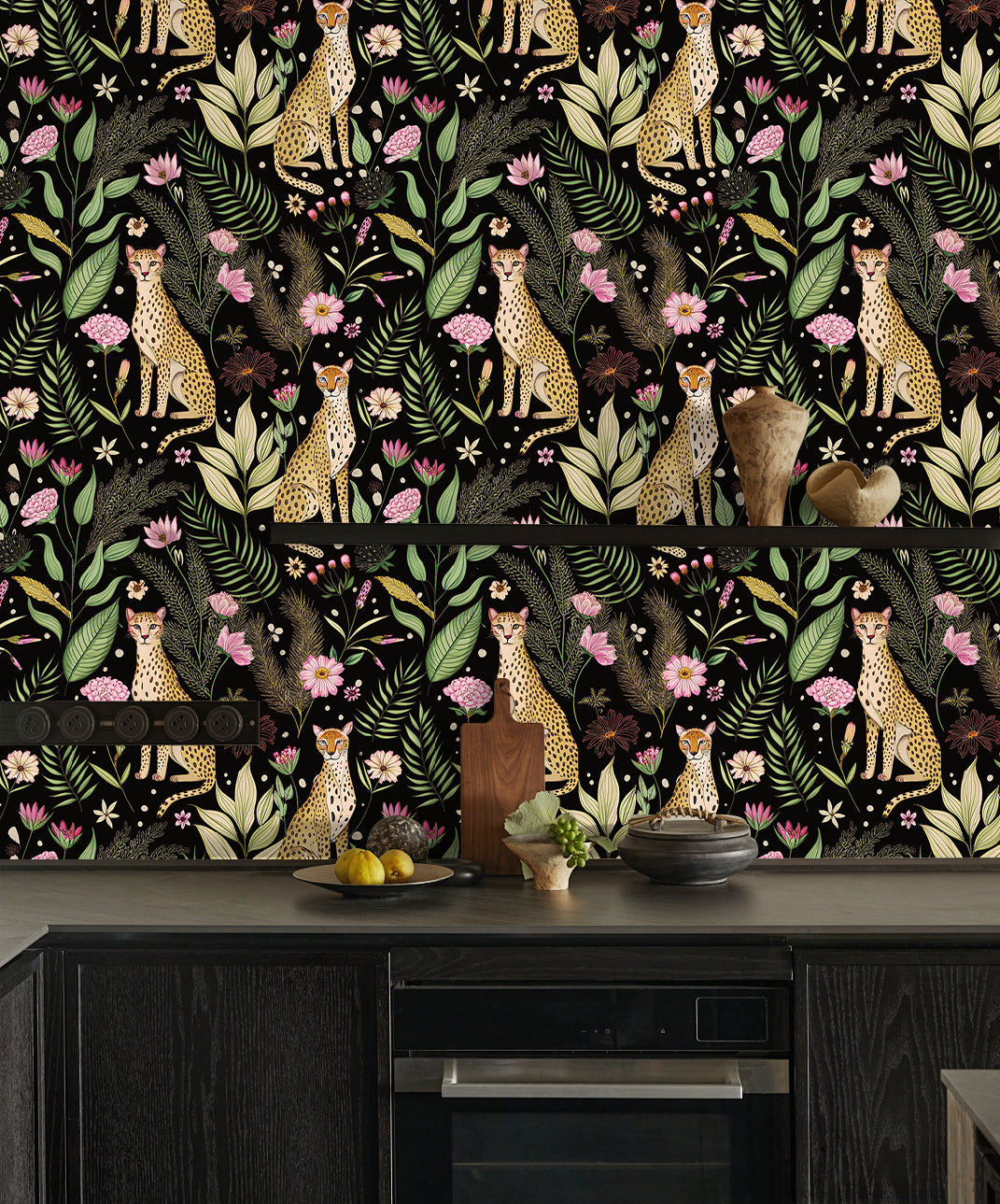 HaokHome Elegant Leopard and Floral Wallpaper Black Background with Vibrant Botanical Design