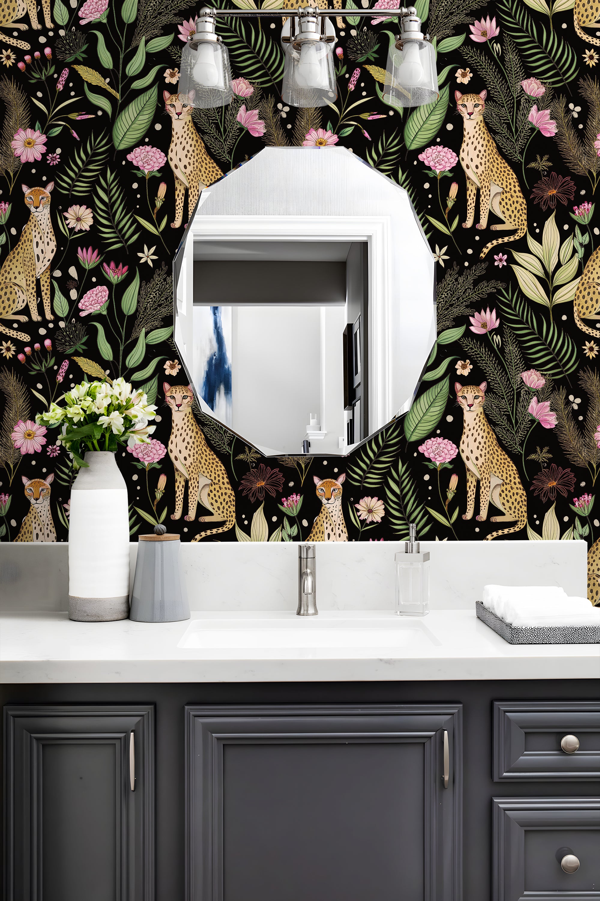 HaokHome Elegant Leopard and Floral Wallpaper Black Background with Vibrant Botanical Design