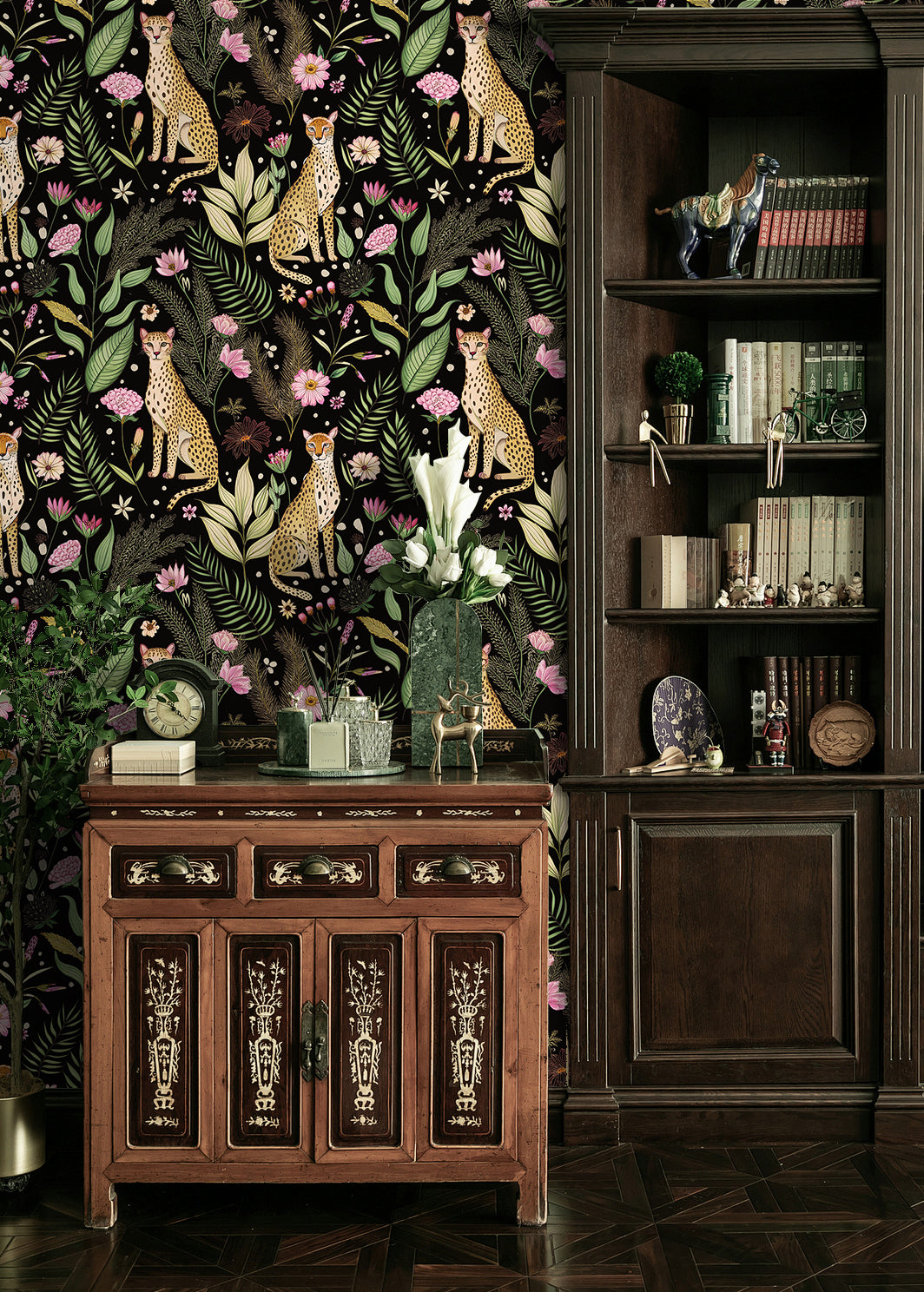HaokHome Elegant Leopard and Floral Wallpaper Black Background with Vibrant Botanical Design