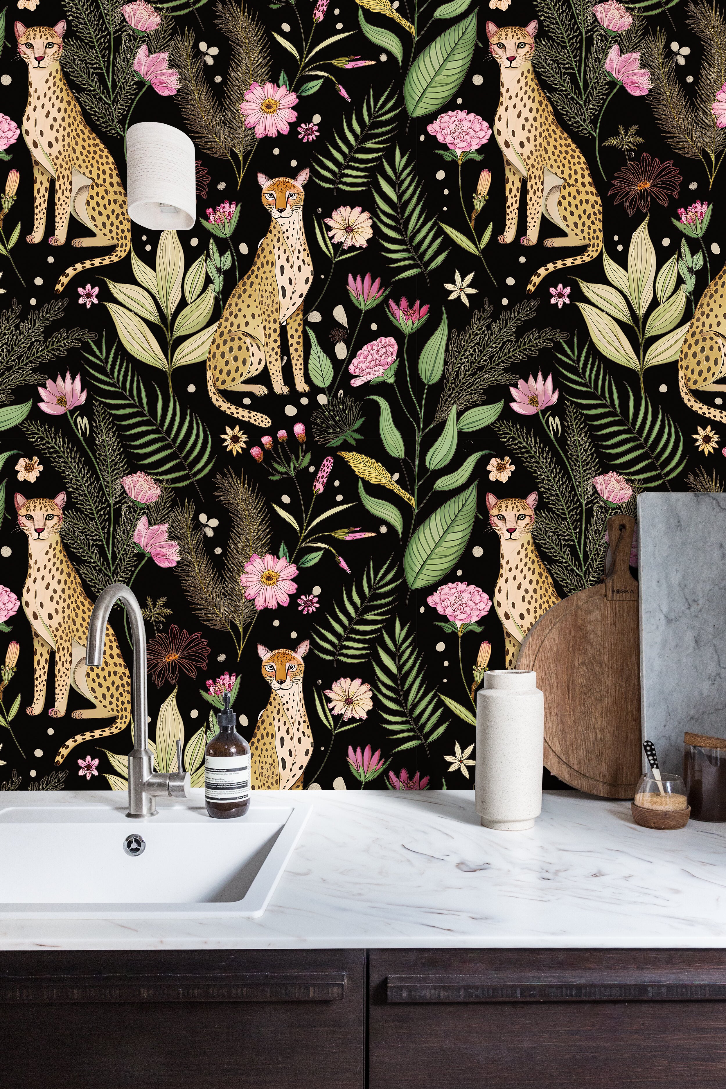 HaokHome Elegant Leopard and Floral Wallpaper Black Background with Vibrant Botanical Design