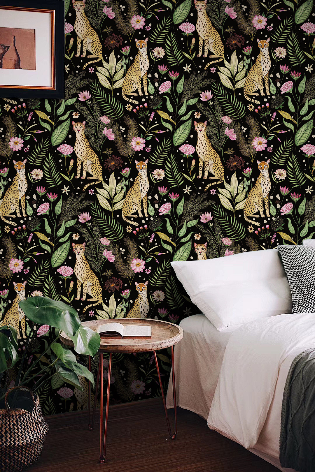 HaokHome Elegant Leopard and Floral Wallpaper Black Background with Vibrant Botanical Design