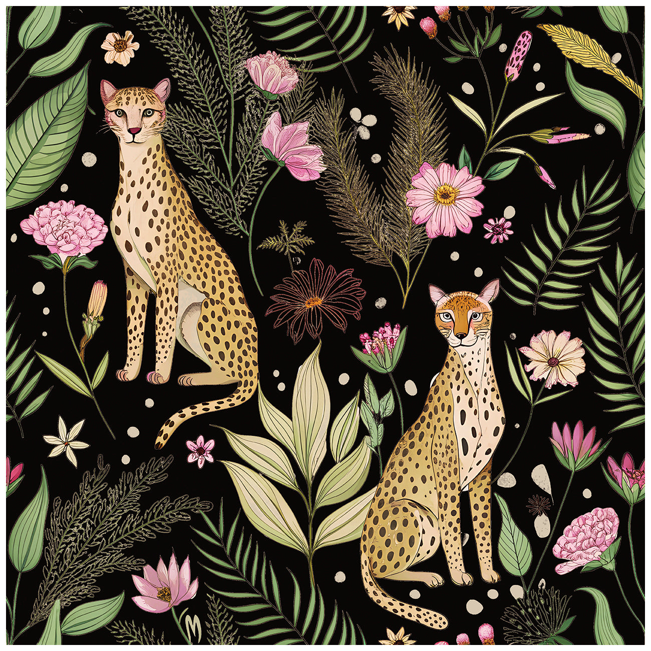 HaokHome Elegant Leopard and Floral Wallpaper Black Background with Vibrant Botanical Design