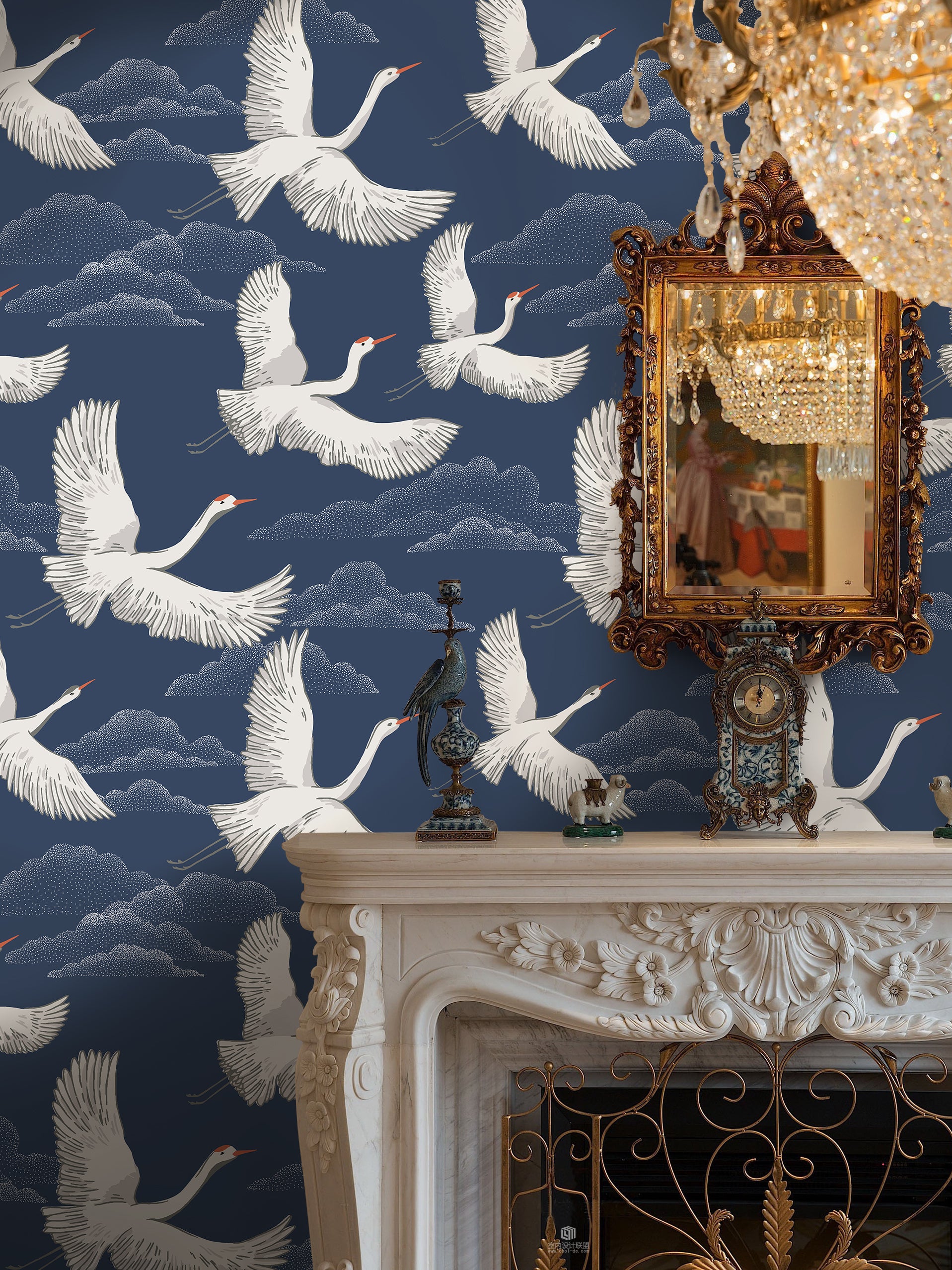 HaokHome Flying Crane Wallpaper with Clouds – Hand-Drawn White Herons on Dark Blue Background for Living Room & Bedroom