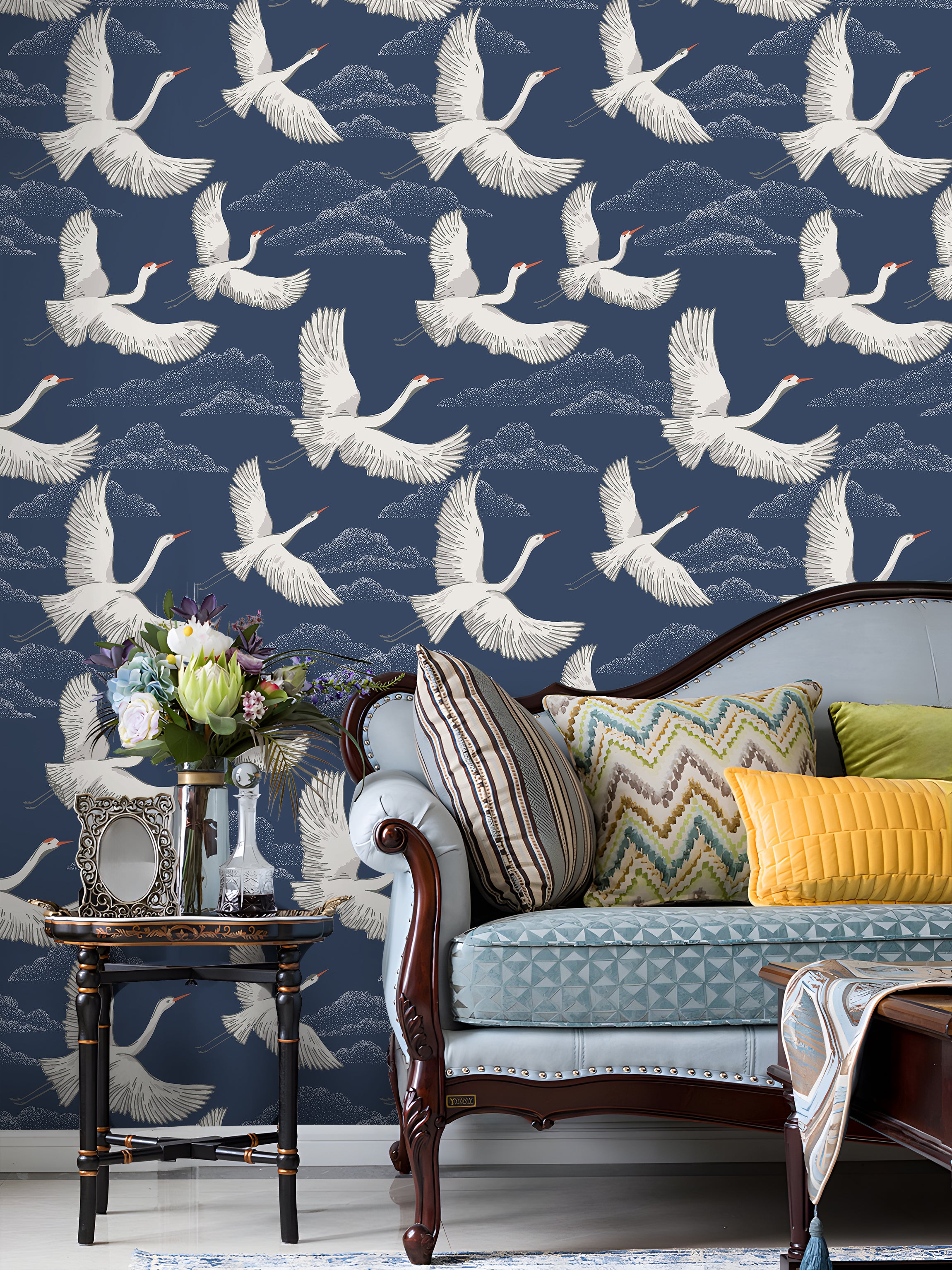 HaokHome Flying Crane Wallpaper with Clouds – Hand-Drawn White Herons on Dark Blue Background for Living Room & Bedroom