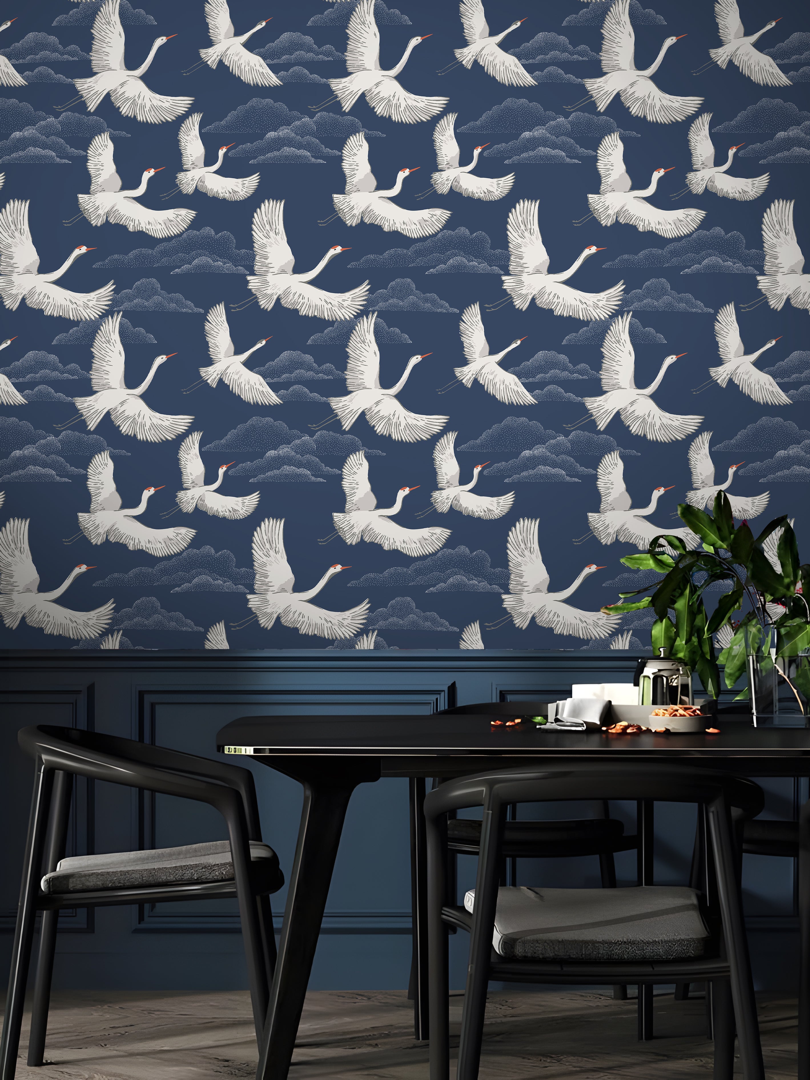HaokHome Flying Crane Wallpaper with Clouds – Hand-Drawn White Herons on Dark Blue Background for Living Room & Bedroom
