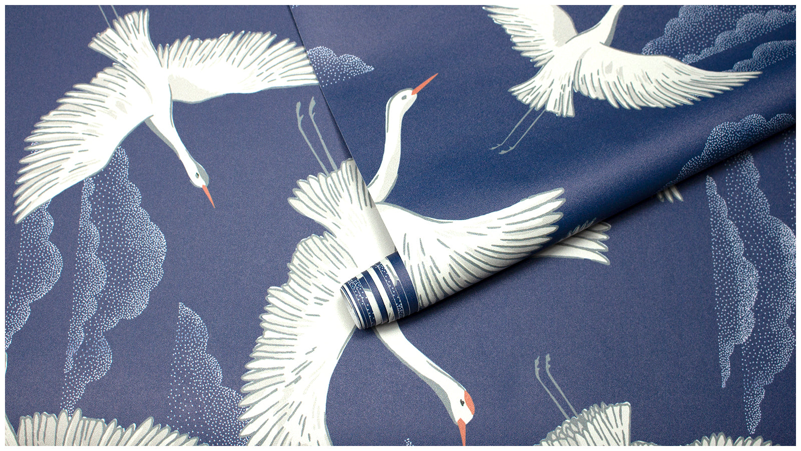 HaokHome Flying Crane Wallpaper with Clouds – Hand-Drawn White Herons on Dark Blue Background for Living Room & Bedroom