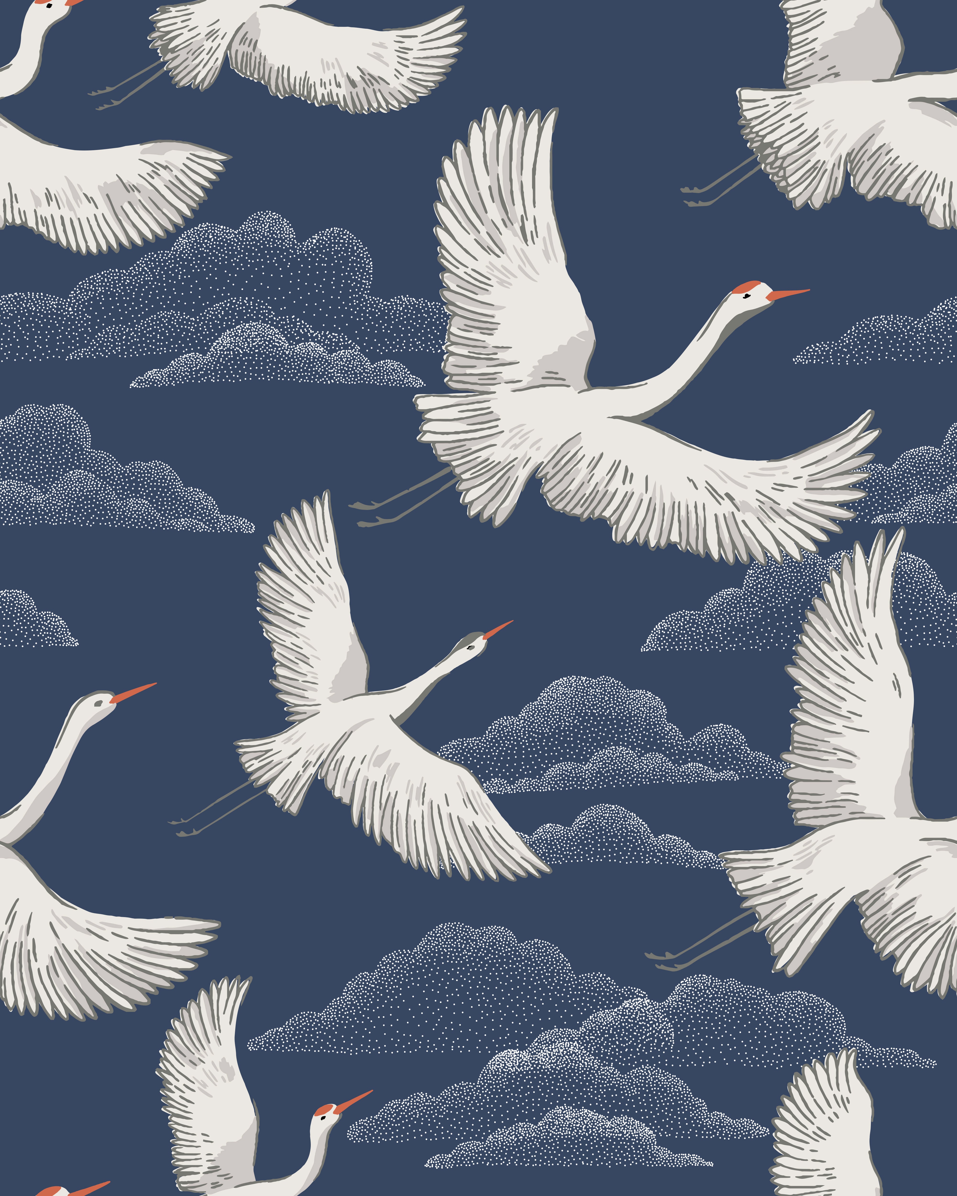 HaokHome Flying Crane Wallpaper with Clouds – Hand-Drawn White Herons on Dark Blue Background for Living Room & Bedroom