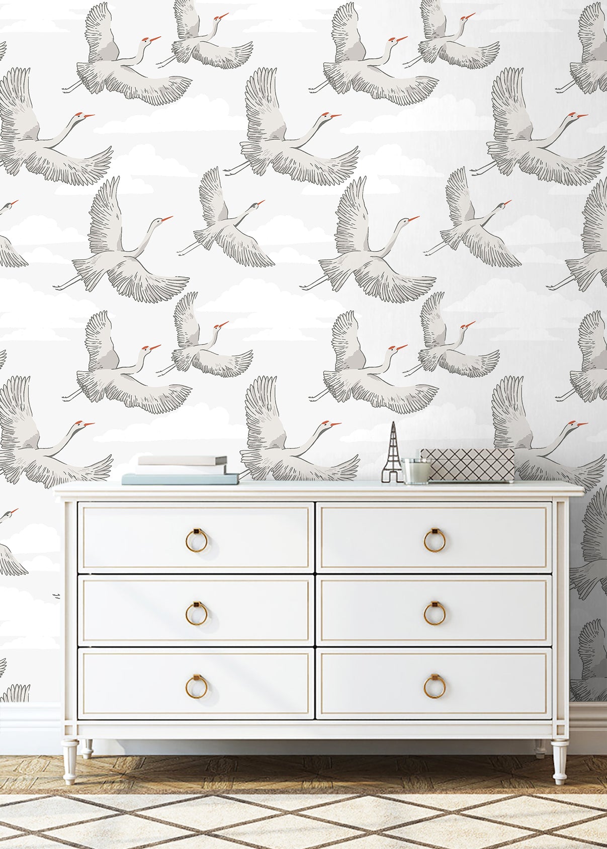 HaokHome Flying Crane Wallpaper with Clouds – Hand-Drawn White Herons on Light Gray Background for Home Office & Living Room
