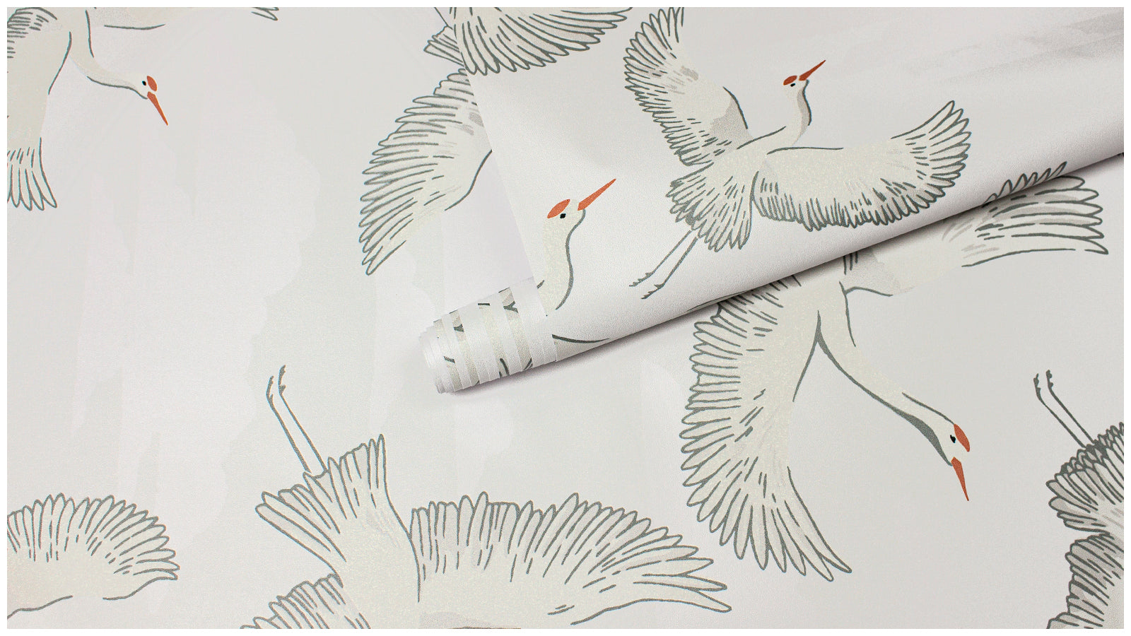 HaokHome Flying Crane Wallpaper with Clouds – Hand-Drawn White Herons on Light Gray Background for Home Office & Living Room