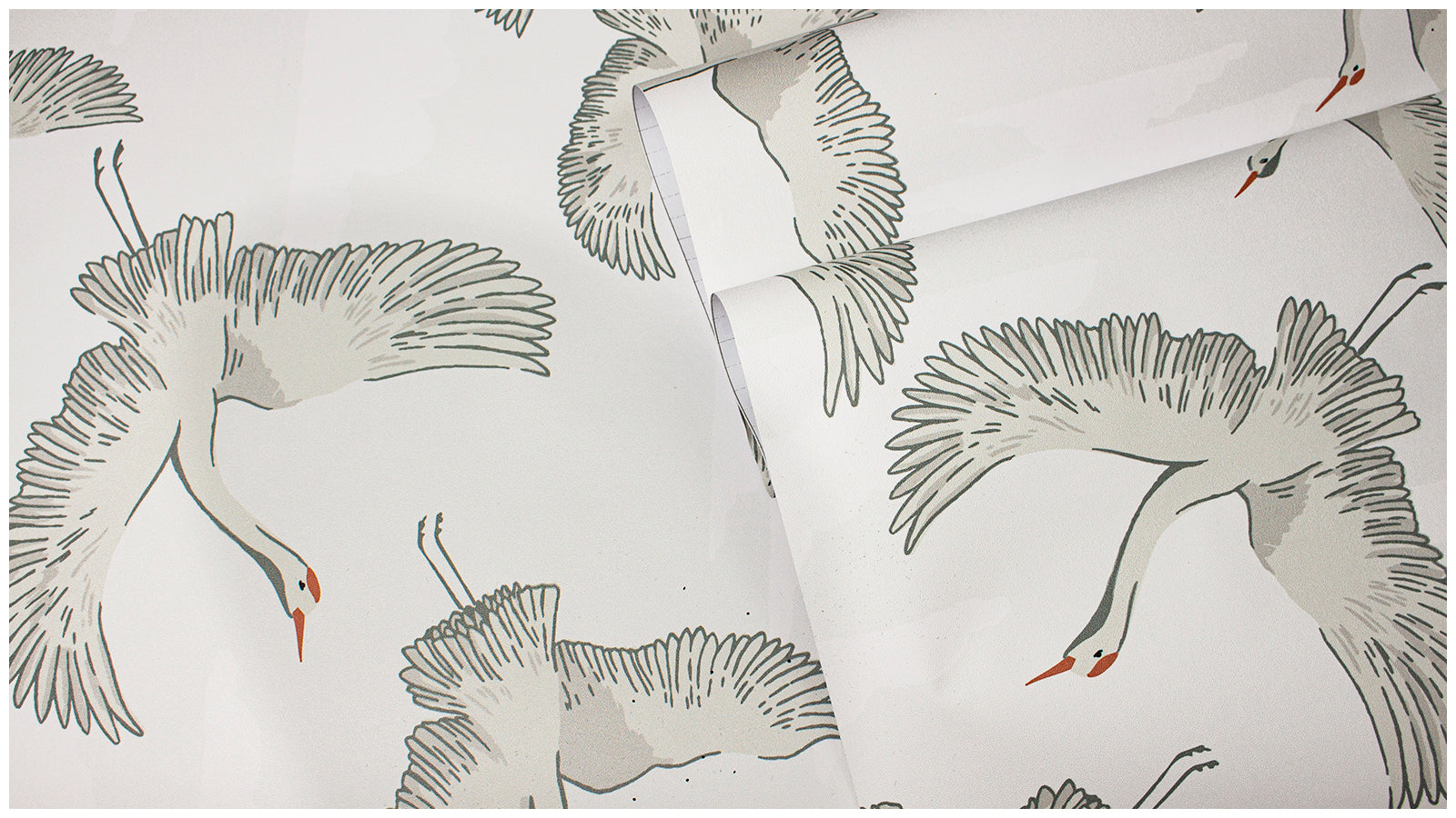 HaokHome Flying Crane Wallpaper with Clouds – Hand-Drawn White Herons on Light Gray Background for Home Office & Living Room