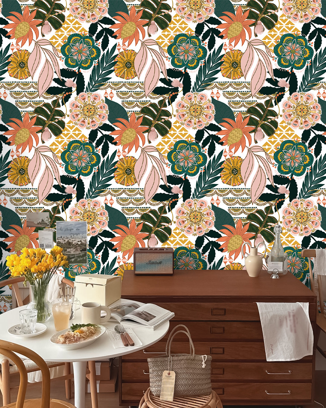 HaokHome Geometric Floral Wallpaper – Bold Tropical Flowers with Geometric Patterns in Warm Tones