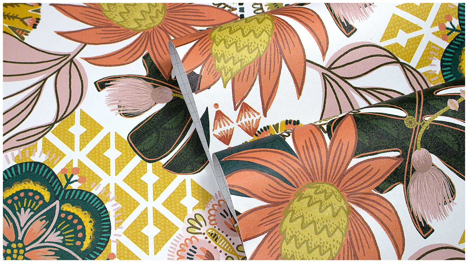 HaokHome Geometric Floral Wallpaper – Bold Tropical Flowers with Geometric Patterns in Warm Tones
