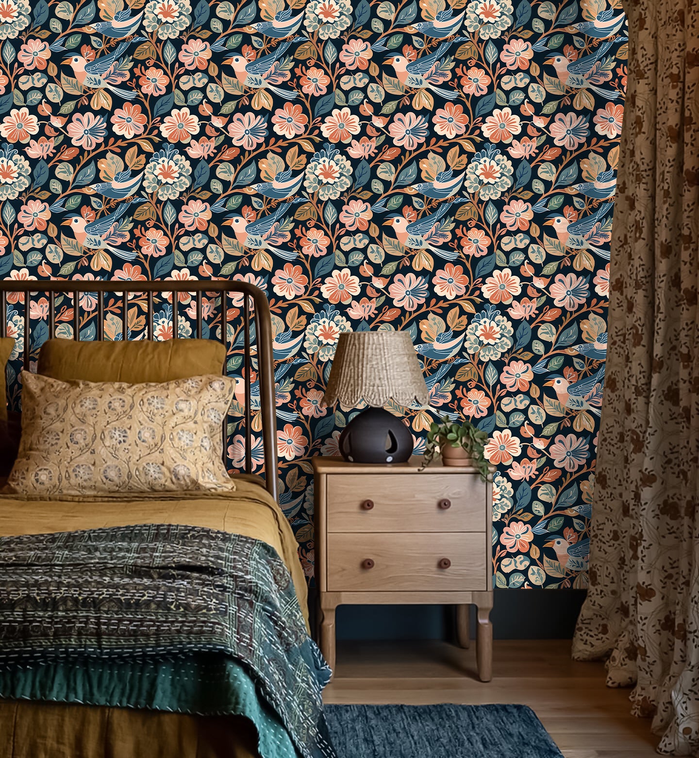 HaokHome Hand-Drawn Birds and Floral Wallpaper – Vibrant Floral Design with Birds on Dark Background for Bedroom & Living Room