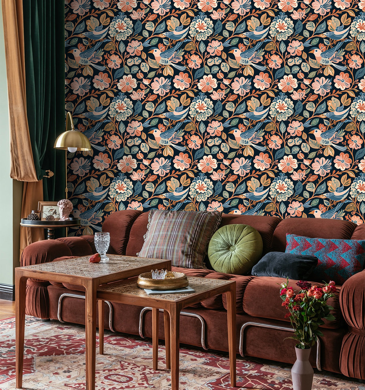 HaokHome Hand-Drawn Birds and Floral Wallpaper – Vibrant Floral Design with Birds on Dark Background for Bedroom & Living Room