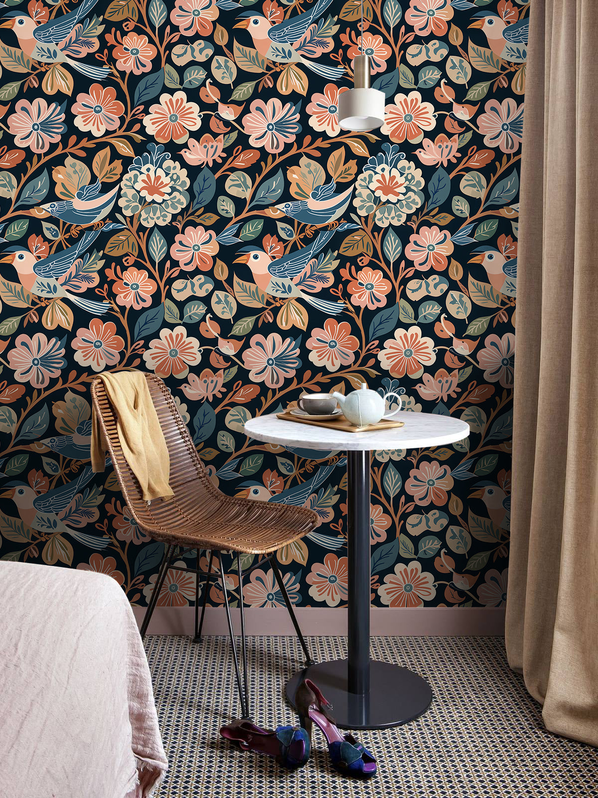 HaokHome Hand-Drawn Birds and Floral Wallpaper – Vibrant Floral Design with Birds on Dark Background for Bedroom & Living Room