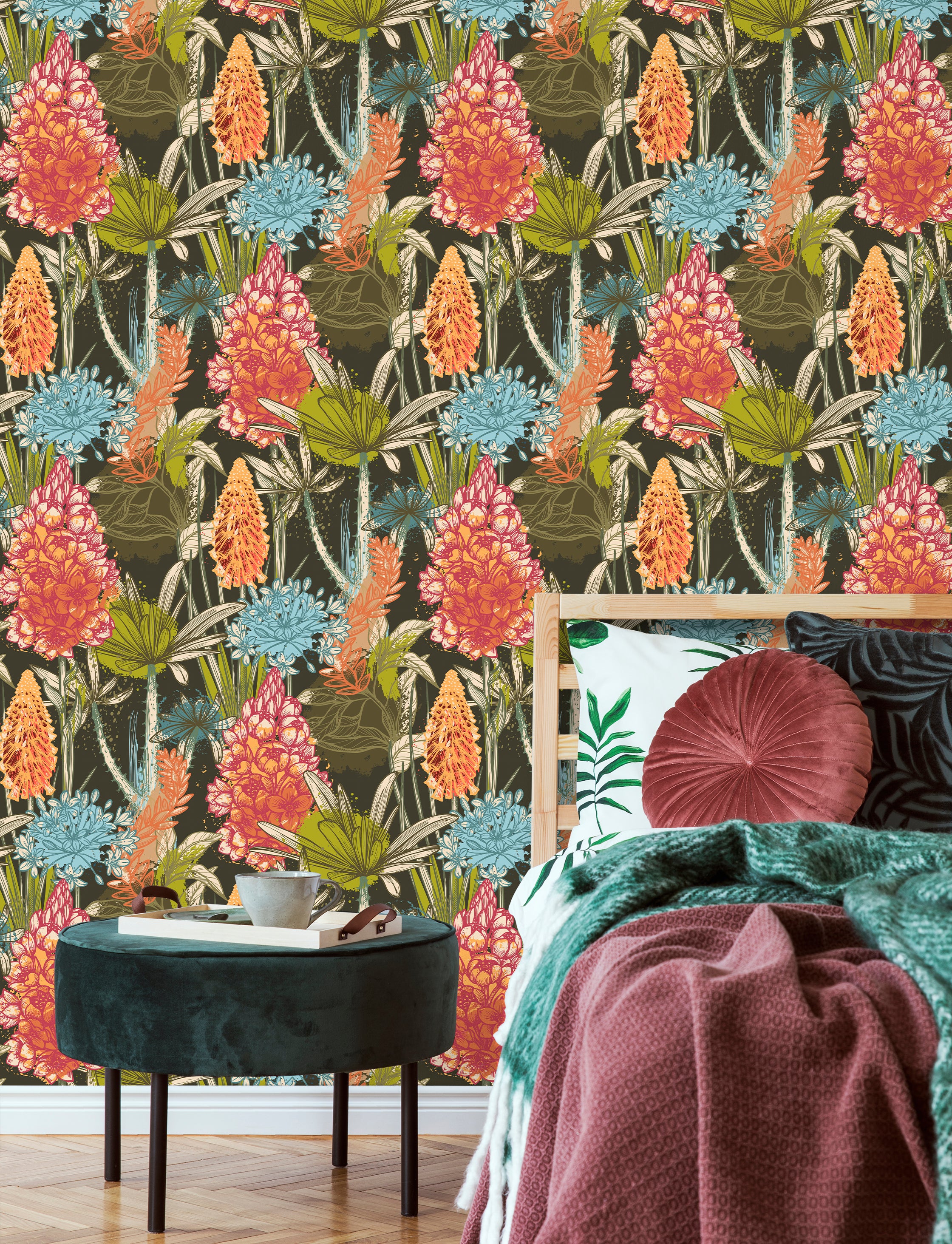 HaokHome Hand-Drawn Floral Wallpaper – Vibrant Tropical Flowers and Leaves on Dark Background for Living Room & Bedroom