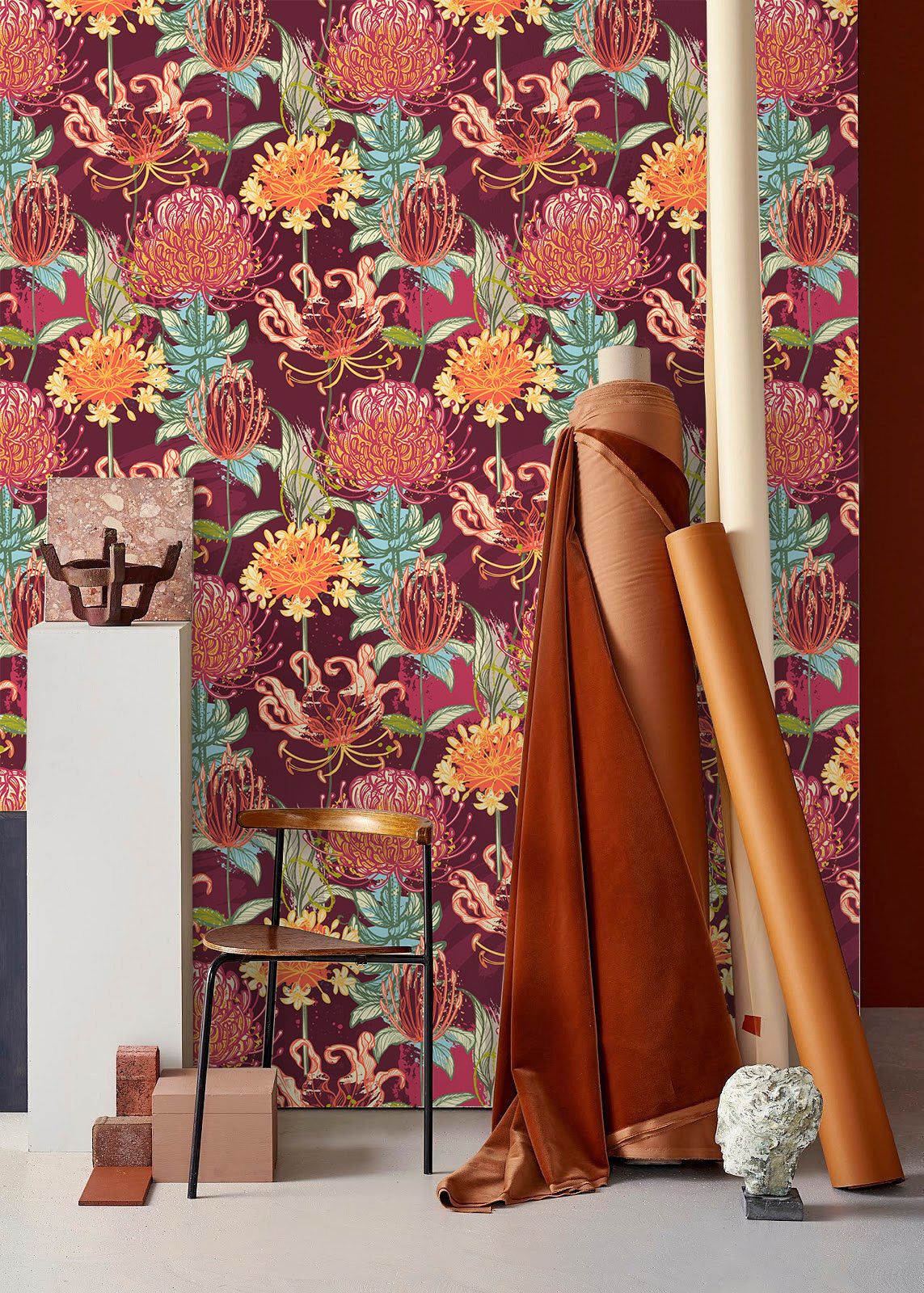 HaokHome Hand-Drawn Flower Wallpaper – Vibrant Protea, Lily, and Chrysanthemum Design on Deep Red Background