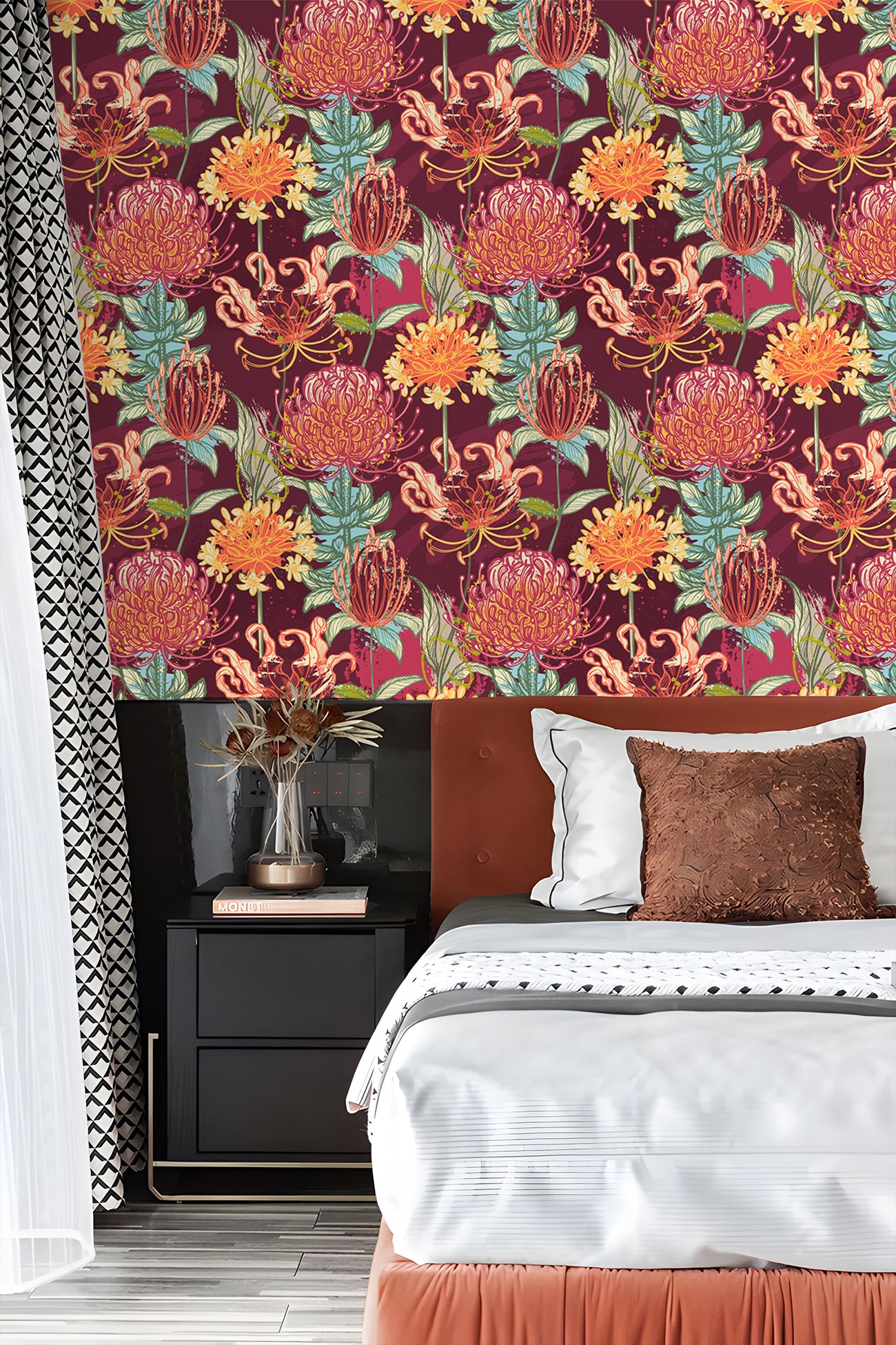 HaokHome Hand-Drawn Flower Wallpaper – Vibrant Protea, Lily, and Chrysanthemum Design on Deep Red Background