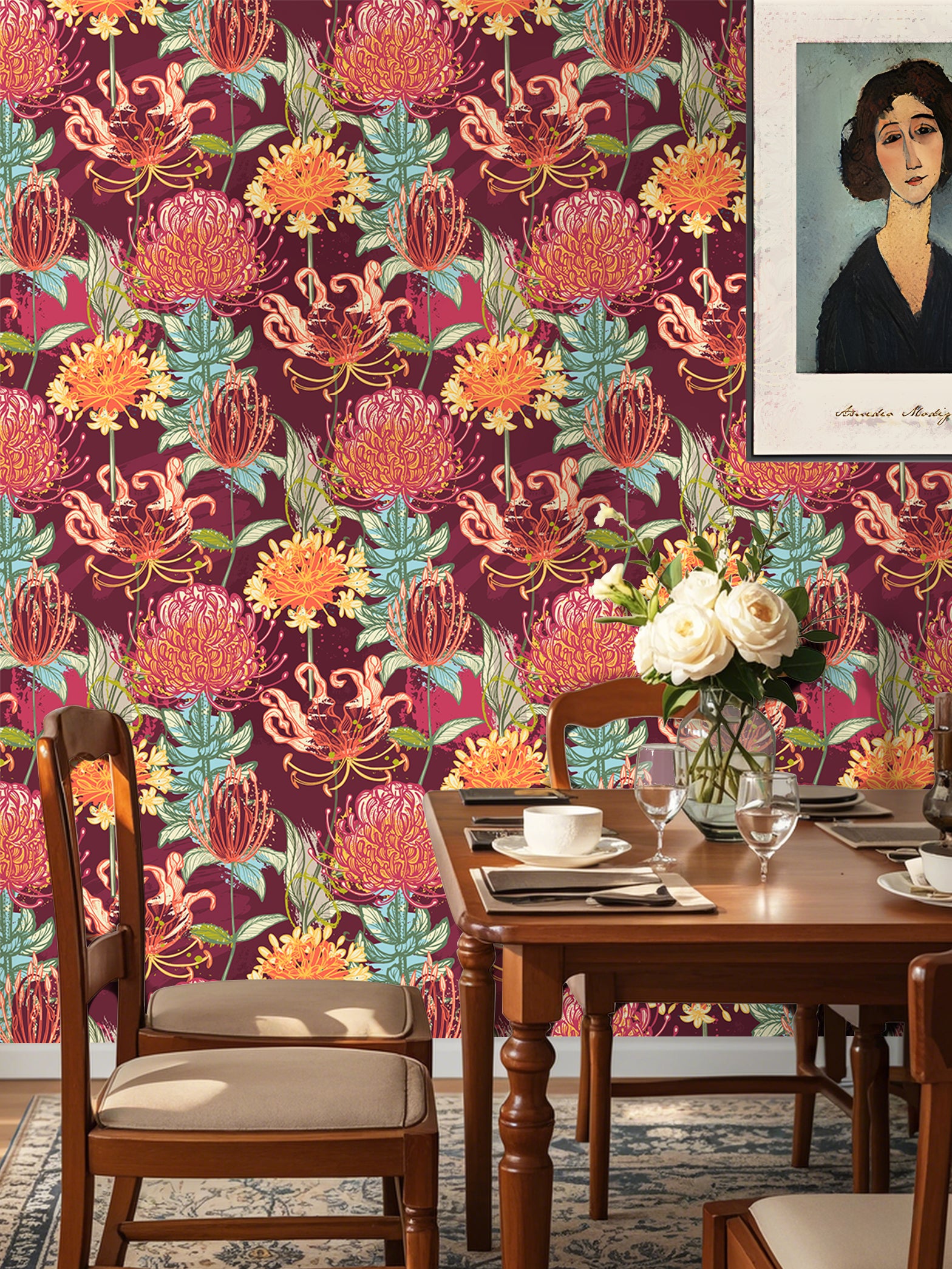 HaokHome Hand-Drawn Flower Wallpaper – Vibrant Protea, Lily, and Chrysanthemum Design on Deep Red Background