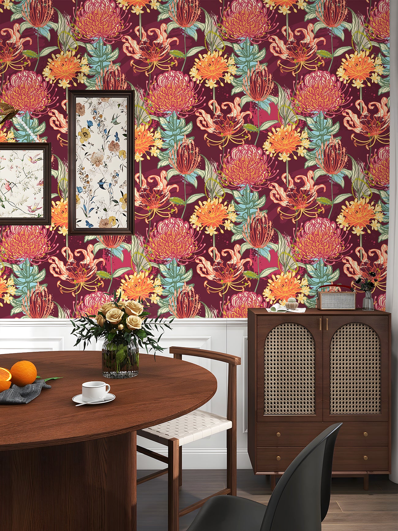 HaokHome Hand-Drawn Flower Wallpaper – Vibrant Protea, Lily, and Chrysanthemum Design on Deep Red Background