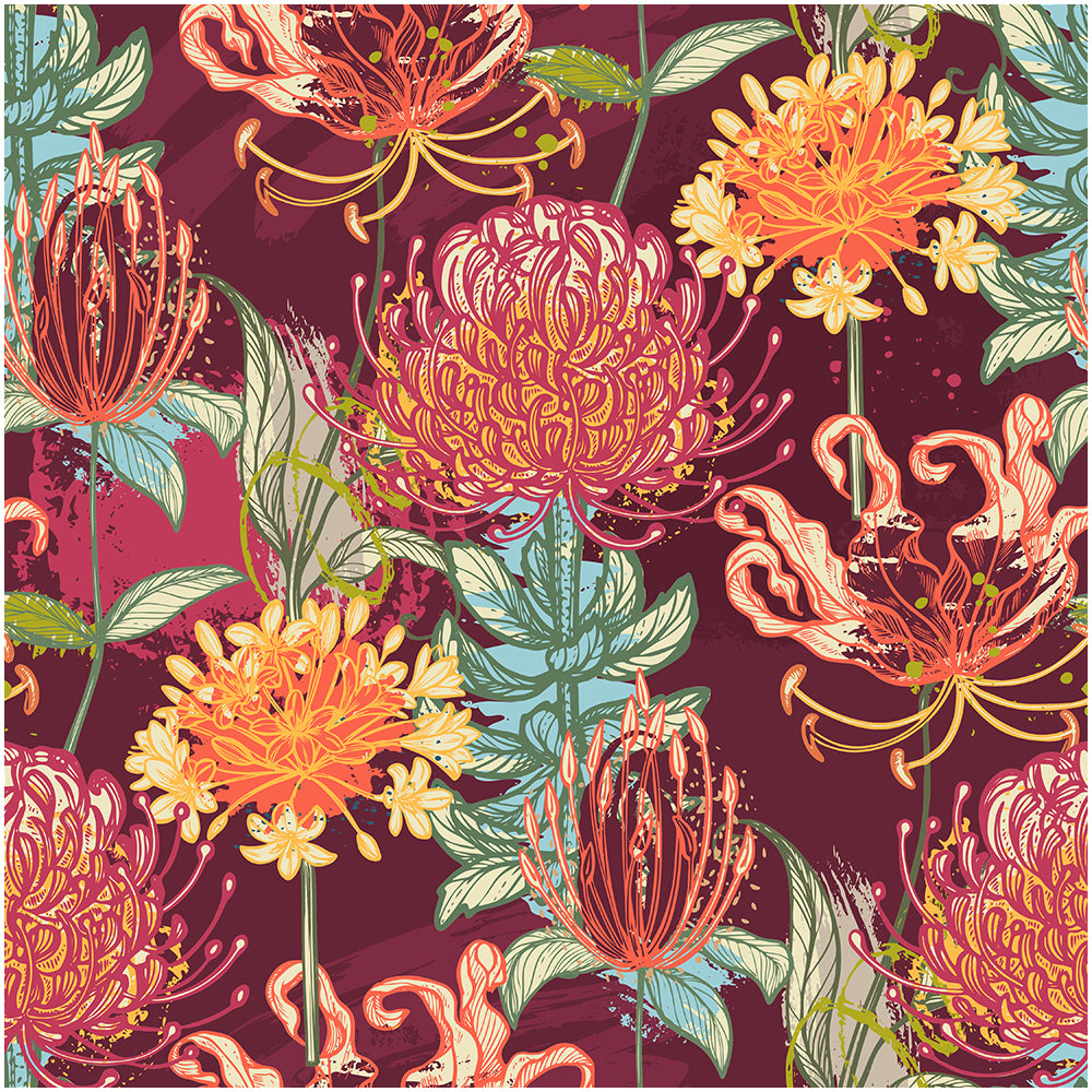 HaokHome Hand-Drawn Flower Wallpaper – Vibrant Protea, Lily, and Chrysanthemum Design on Deep Red Background
