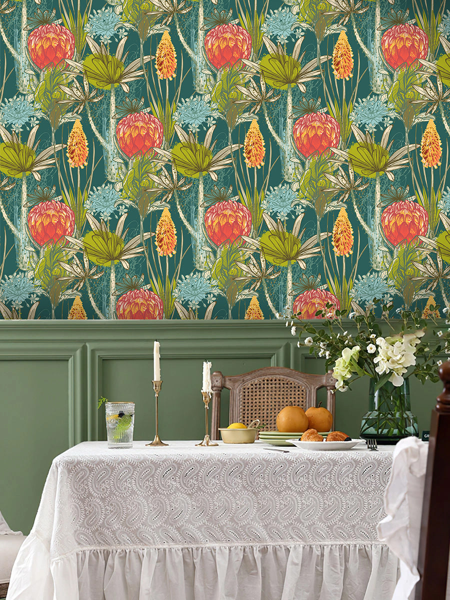 HaokHome Hand-Drawn Flower and Plant Wallpaper – Vibrant Protea, Lily, and Floral Mural on Teal Background for Living Room & Bedroom