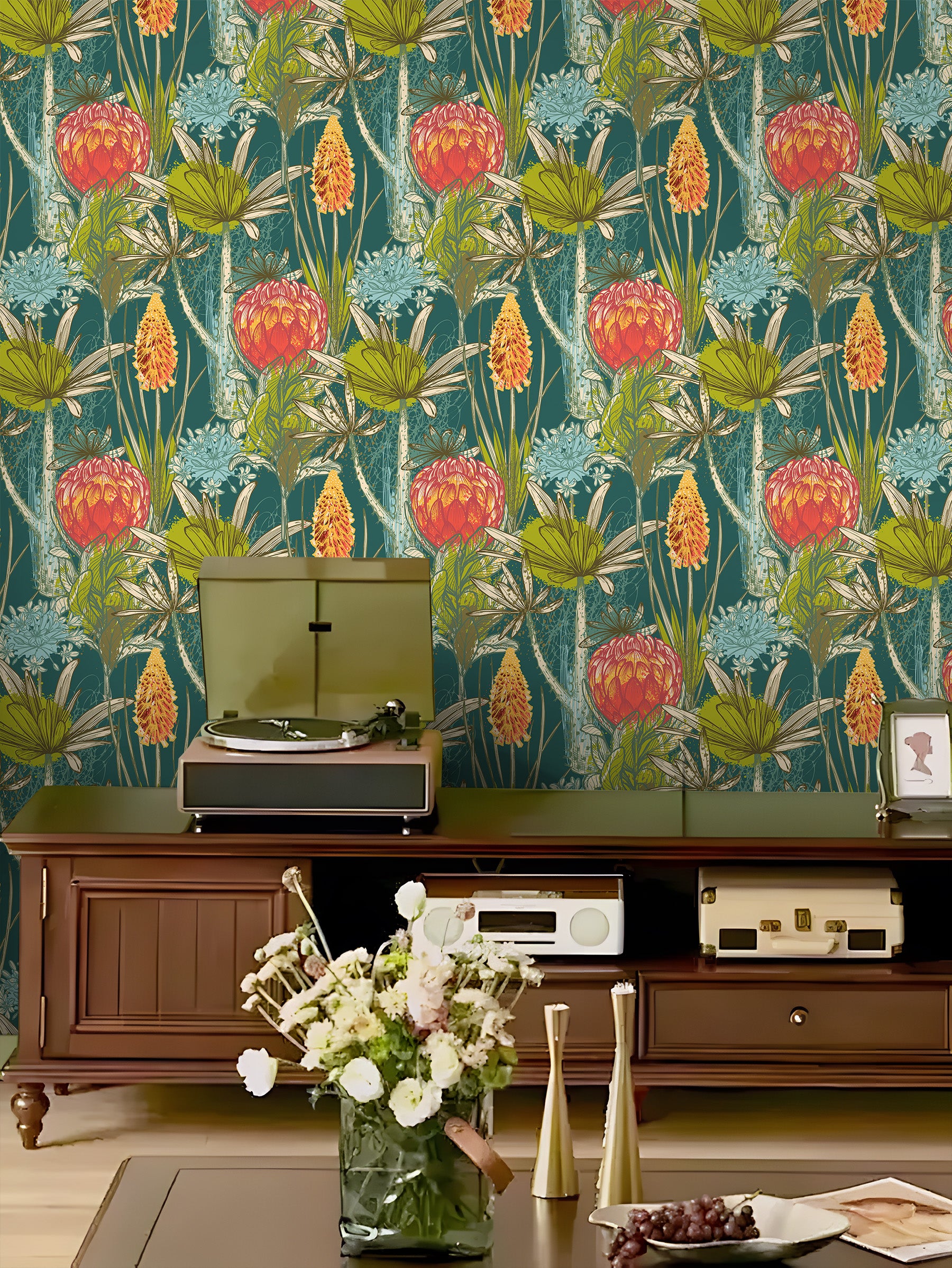HaokHome Hand-Drawn Flower and Plant Wallpaper – Vibrant Protea, Lily, and Floral Mural on Teal Background for Living Room & Bedroom