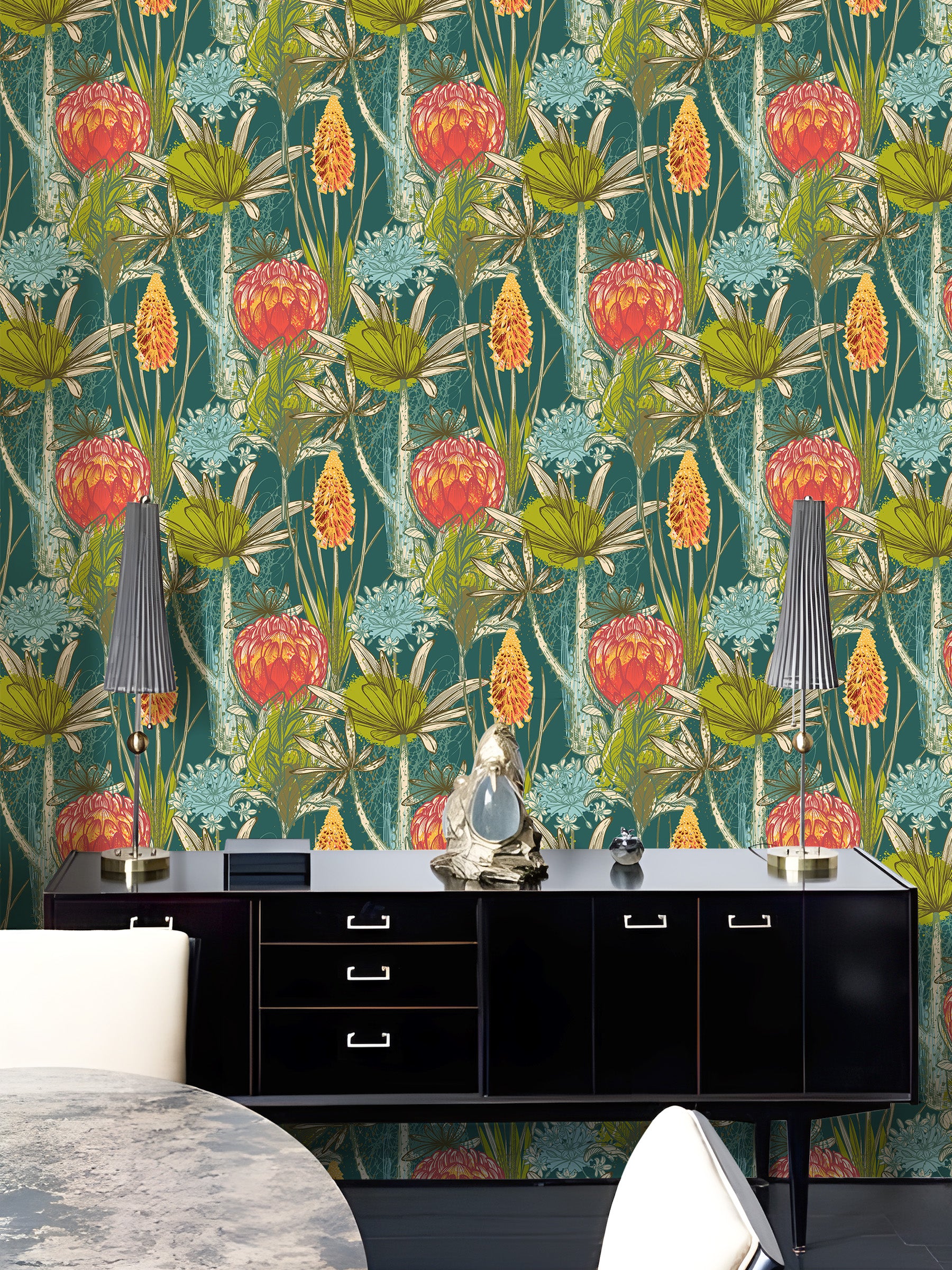 HaokHome Hand-Drawn Flower and Plant Wallpaper – Vibrant Protea, Lily, and Floral Mural on Teal Background for Living Room & Bedroom