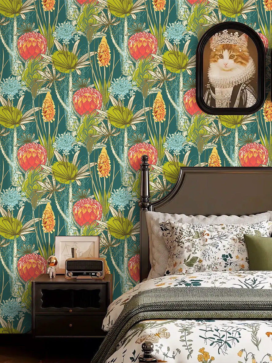 HaokHome Hand-Drawn Flower and Plant Wallpaper – Vibrant Protea, Lily, and Floral Mural on Teal Background for Living Room & Bedroom