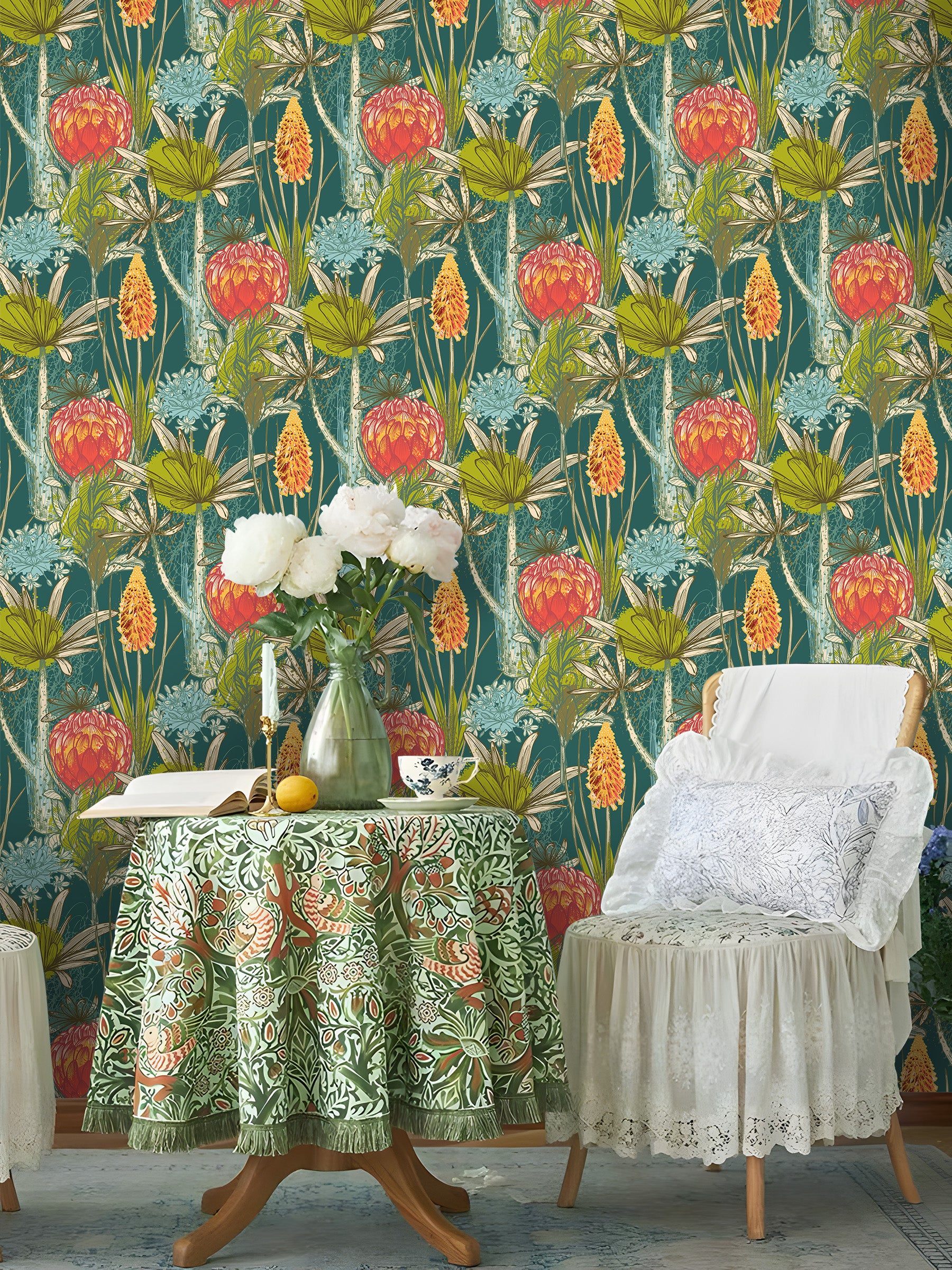 HaokHome Hand-Drawn Flower and Plant Wallpaper – Vibrant Protea, Lily, and Floral Mural on Teal Background for Living Room & Bedroom