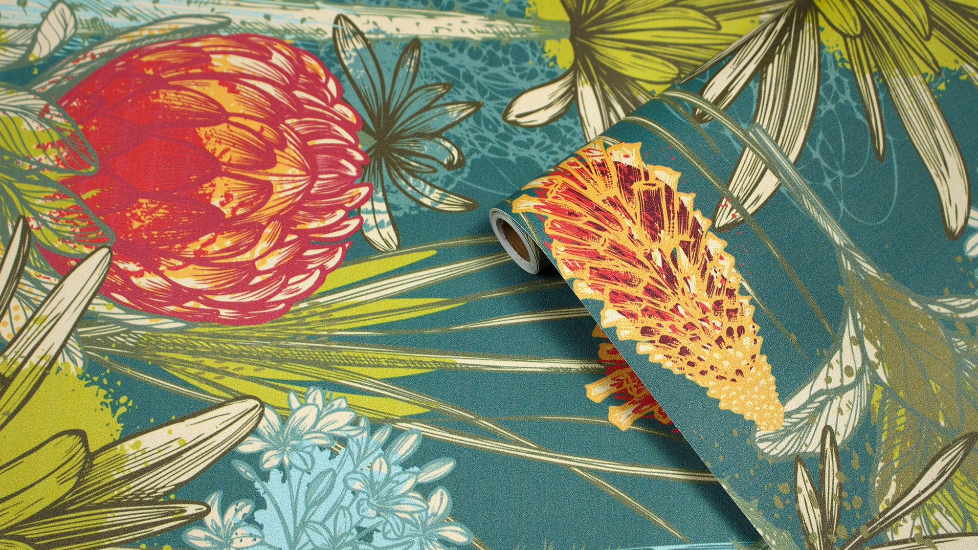 HaokHome Hand-Drawn Flower and Plant Wallpaper – Vibrant Protea, Lily, and Floral Mural on Teal Background for Living Room & Bedroom